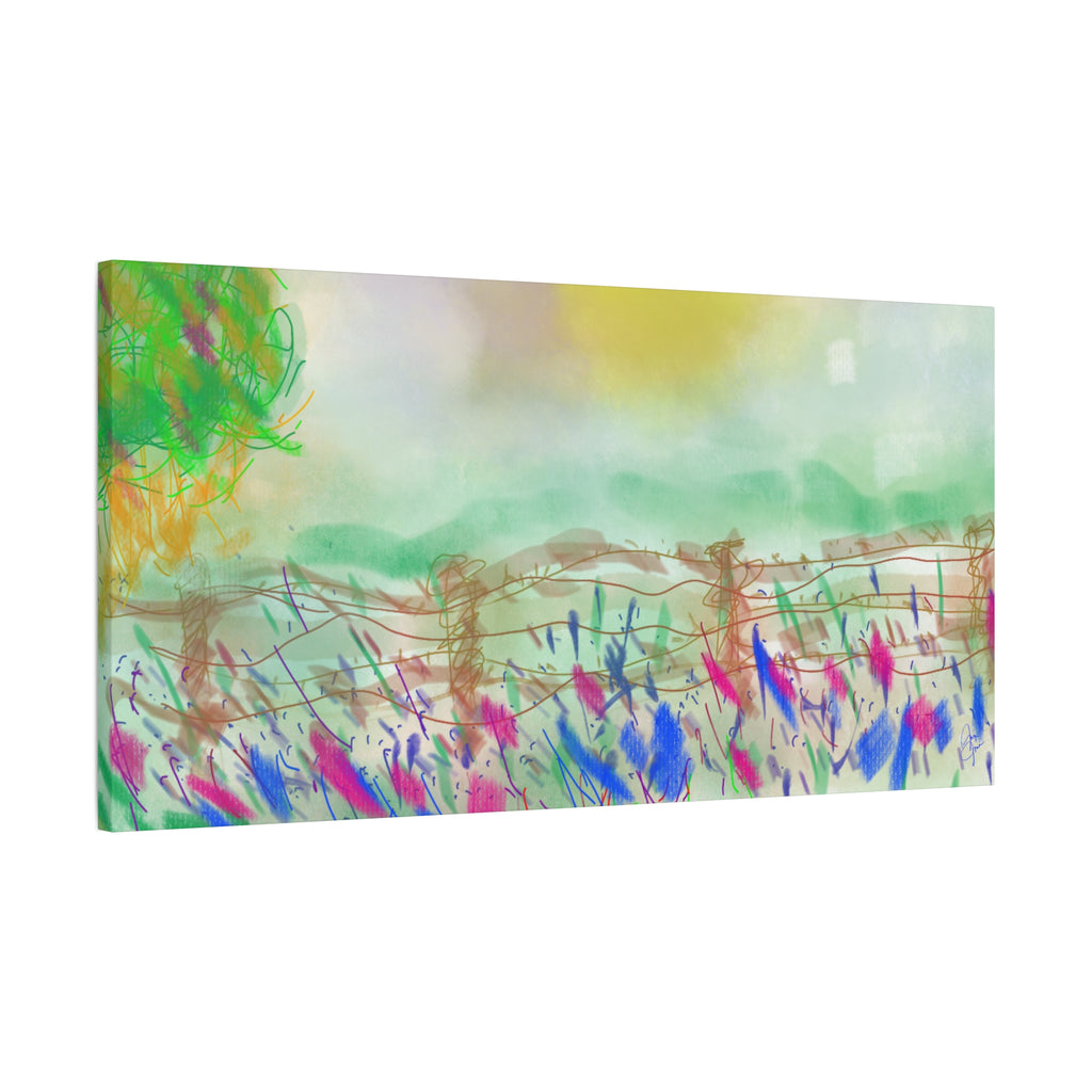 Sunlit Meadow Matte Canvas Wall Art — Pastel Landscape Stretched Canvas