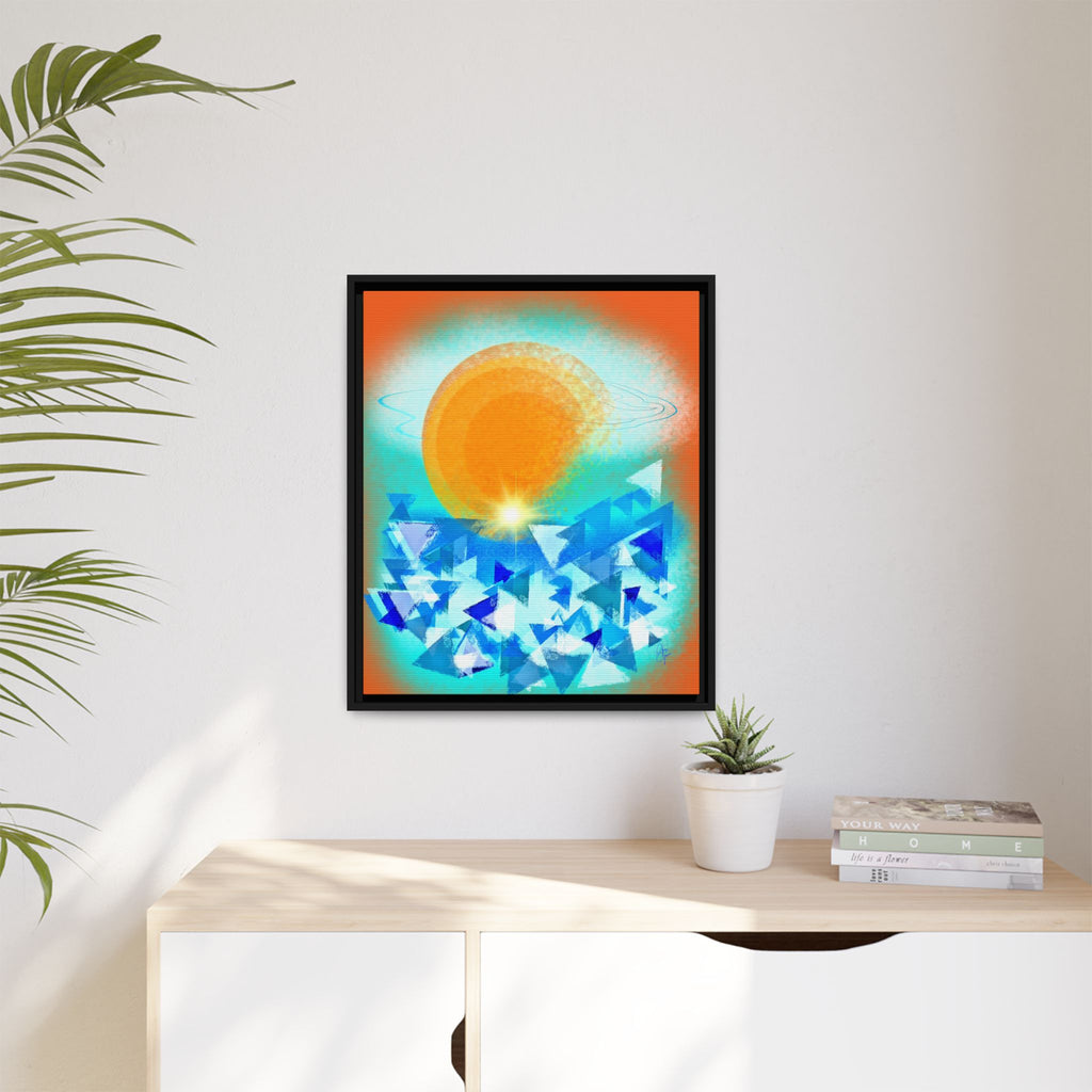 Abstract Sunrise Framed Canvas Art – Orange Sun Over Blue Geometric Waves