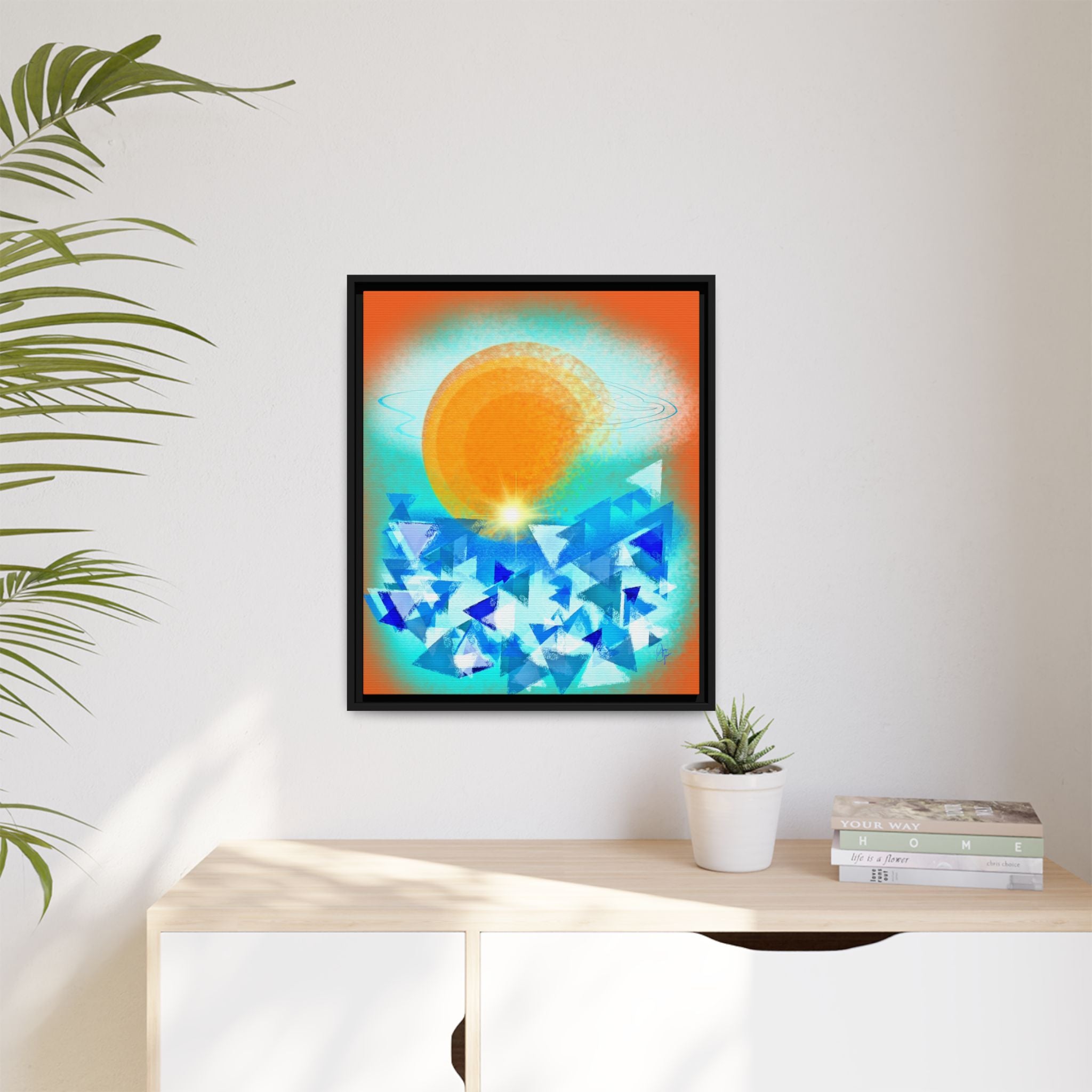 Abstract Sunrise Framed Canvas Art – Orange Sun Over Blue Geometric Waves