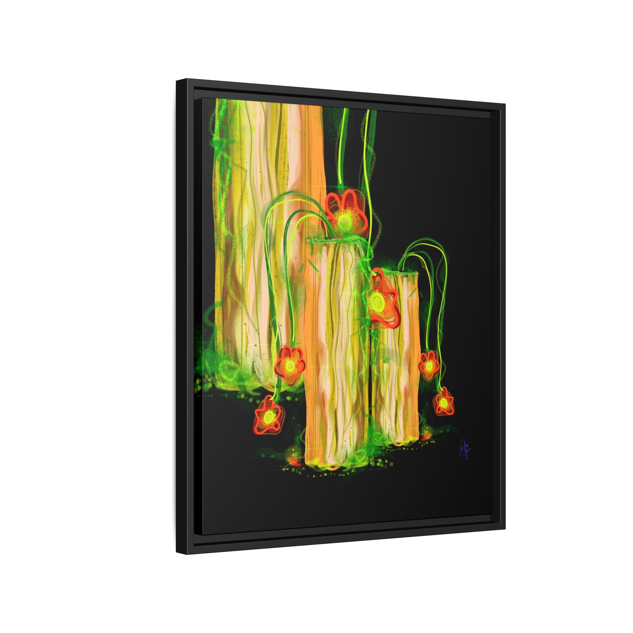 Framed Matte Canvas Print — Neon Floral Candlelight Art