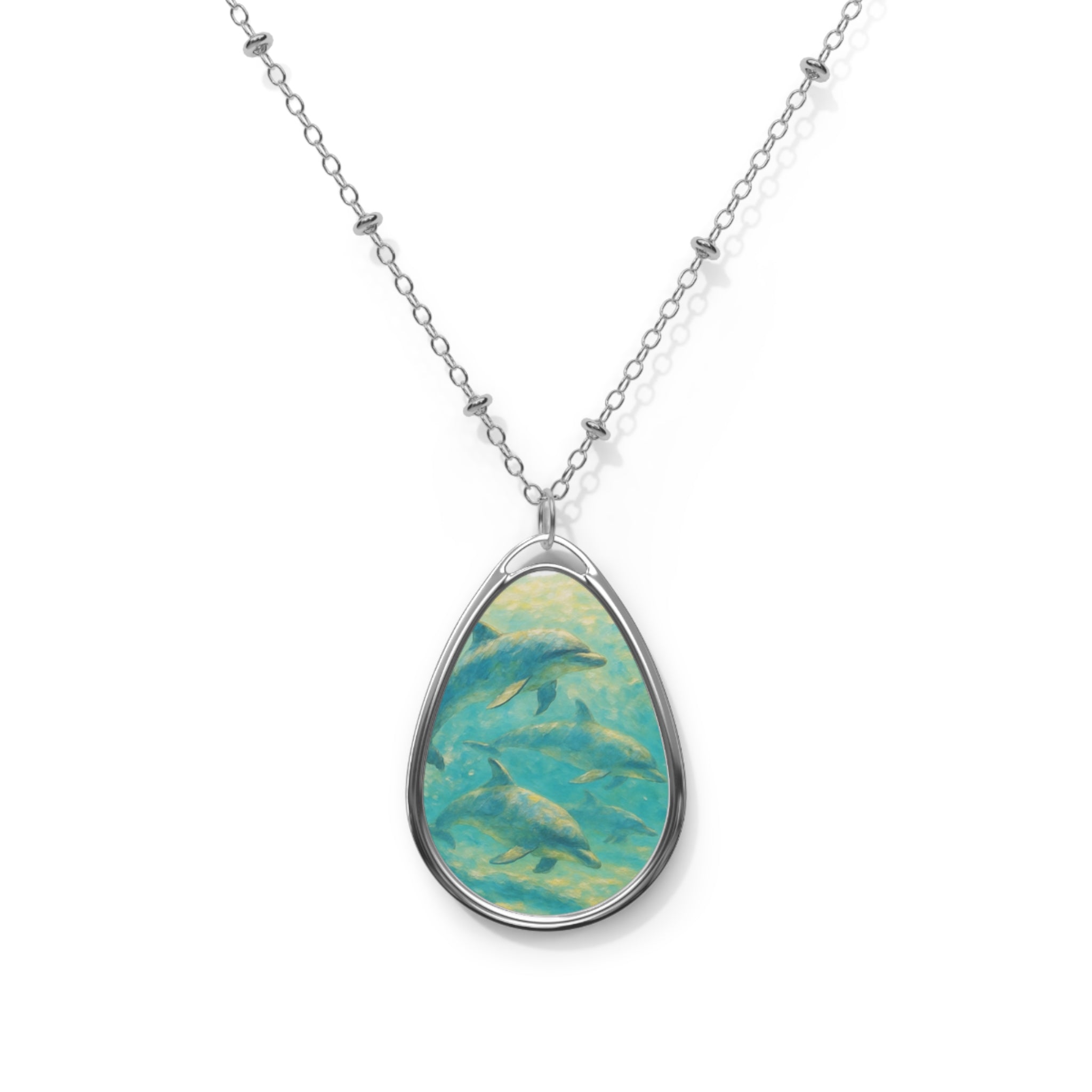 Dolphins Swimming Oval Necklace — Ocean Wave Pendant