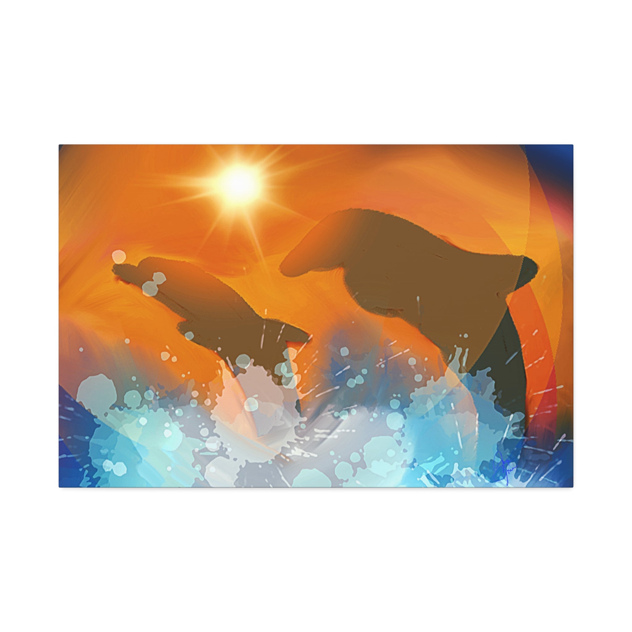 Sunset Dolphin Canvas Wall Art — Vibrant Ocean Sunset Stretch Canvas