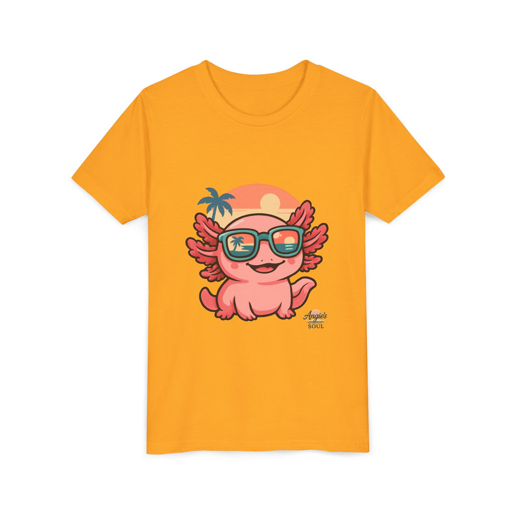 Axolotl Sunset Kids Tee — Cute Sunglasses Beach Axolotl Youth T-Shirt