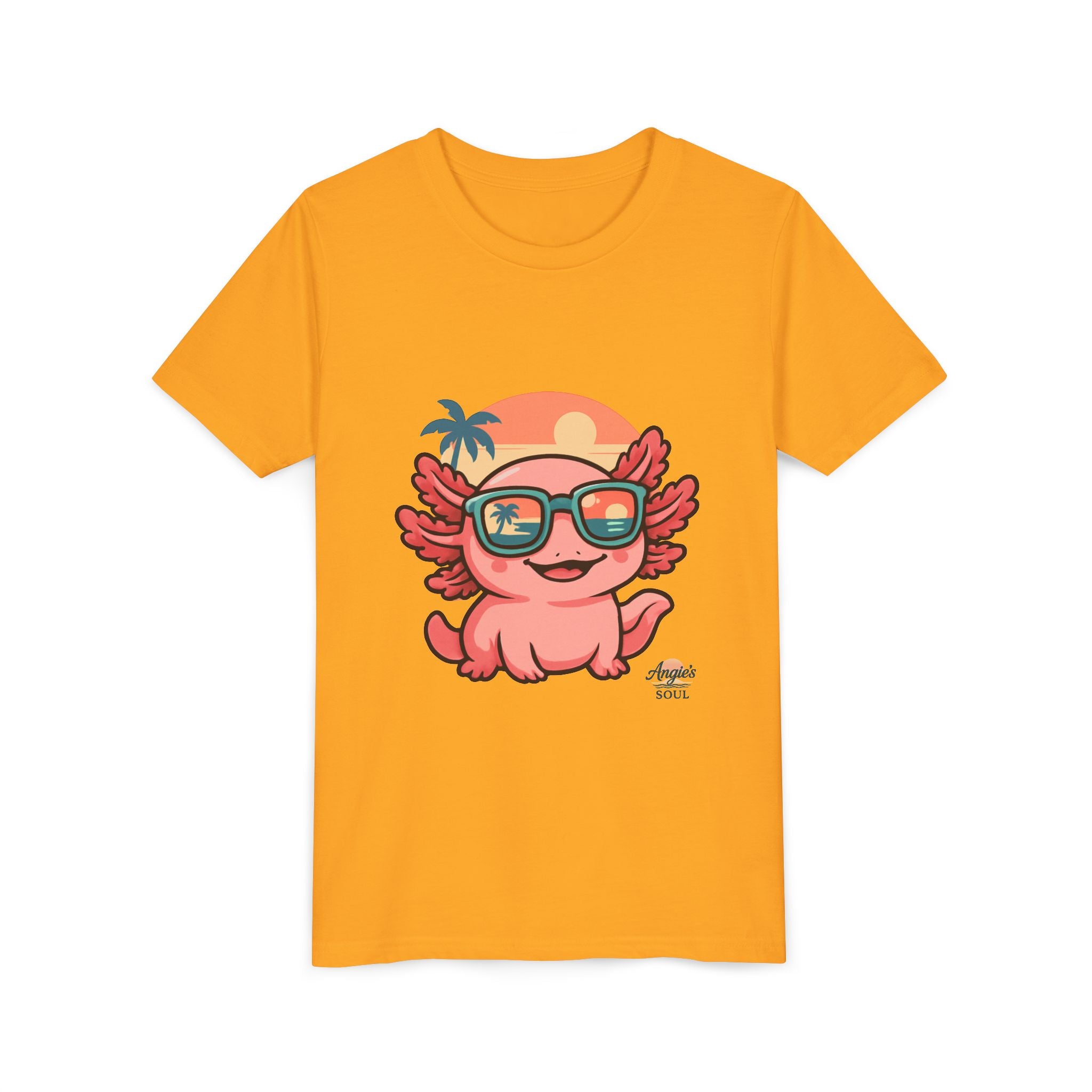 Axolotl Sunset Kids Tee — Cute Sunglasses Beach Axolotl Youth T-Shirt
