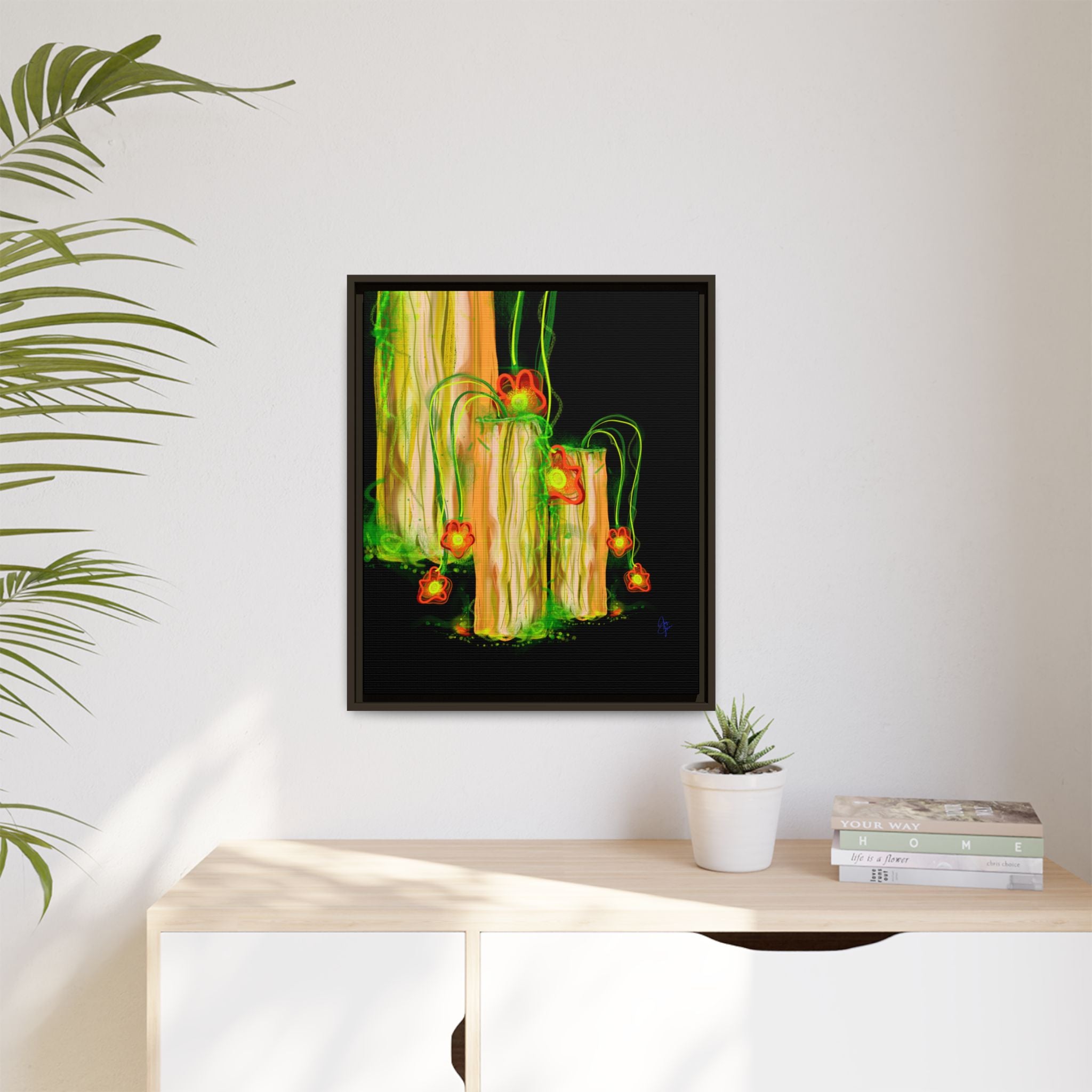 Framed Matte Canvas Print — Neon Floral Candlelight Art