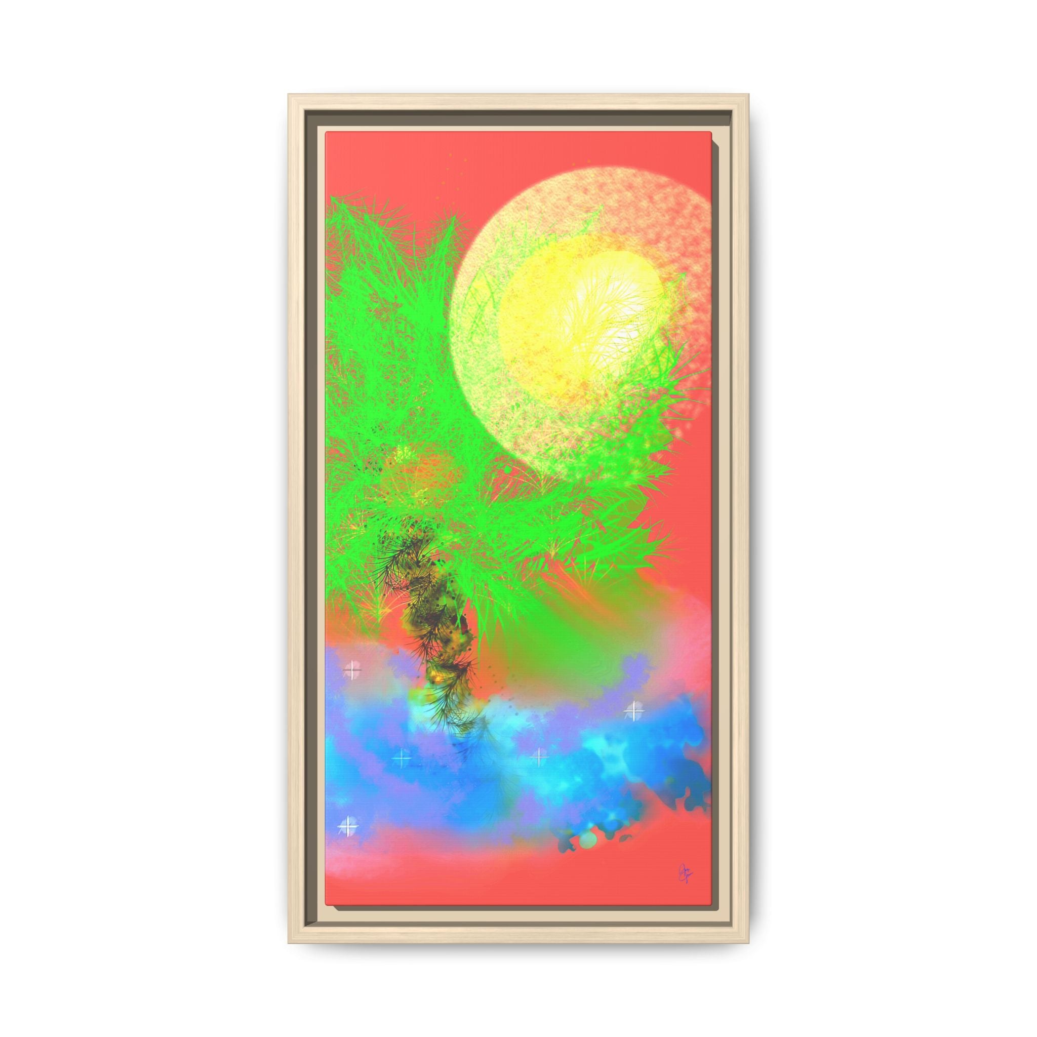 Abstract Neon Tree Matte Canvas Framed Art — Vibrant Green Moon Landscape