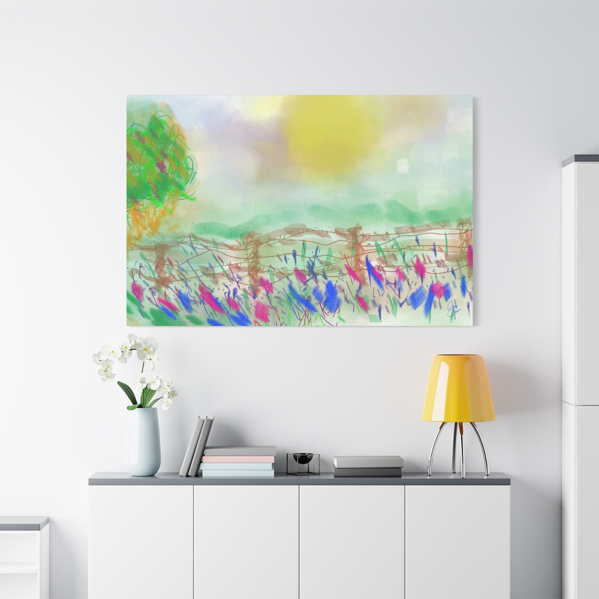 Sunlit Meadow Matte Canvas Wall Art — Pastel Landscape Stretched Canvas