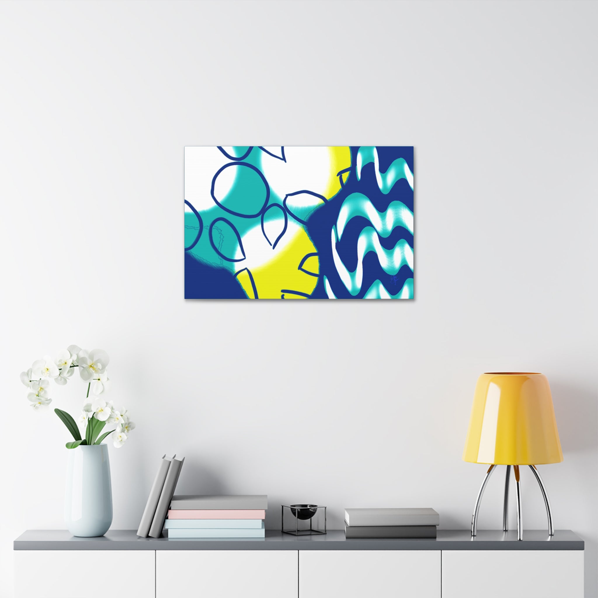Abstract Ocean Waves Jellyfish Canvas Art — Blue & Teal Modern Wall Decor, Stretched 1.5"