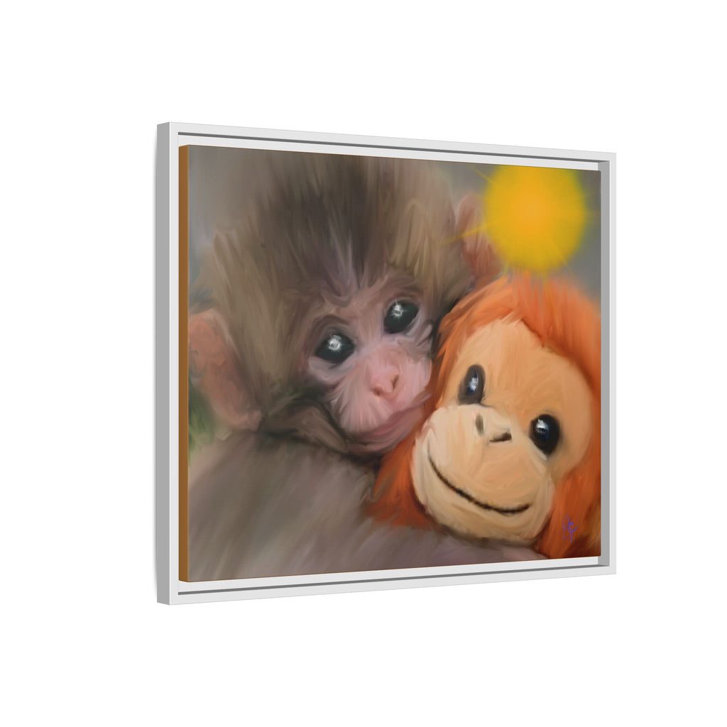 Framed Matte Canvas Print — Baby Monkey & Plush Orangutan Wall Art