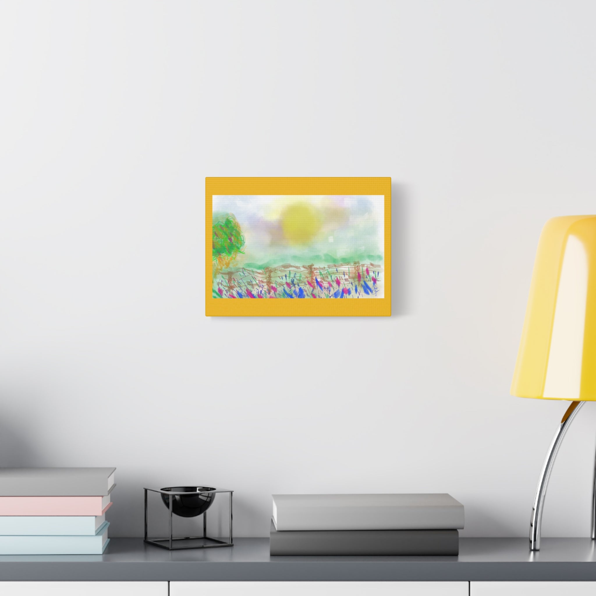 Sunlit Meadow Matte Canvas Wall Art — Pastel Landscape Stretched Canvas