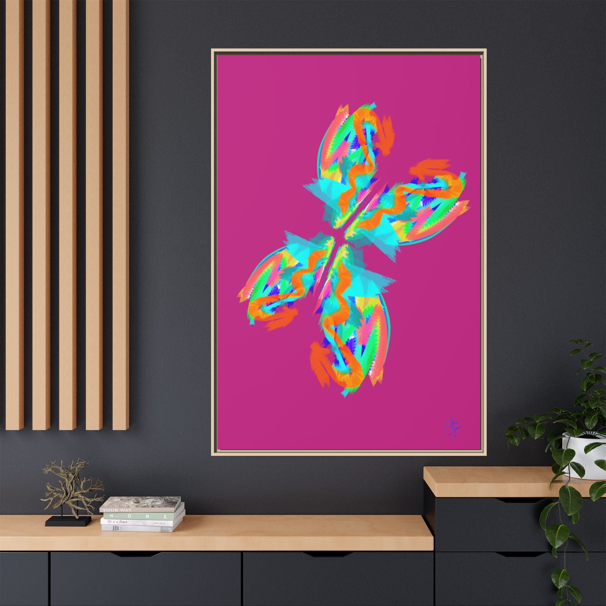 Framed Matte Canvas — Neon Abstract Butterfly Wall Art