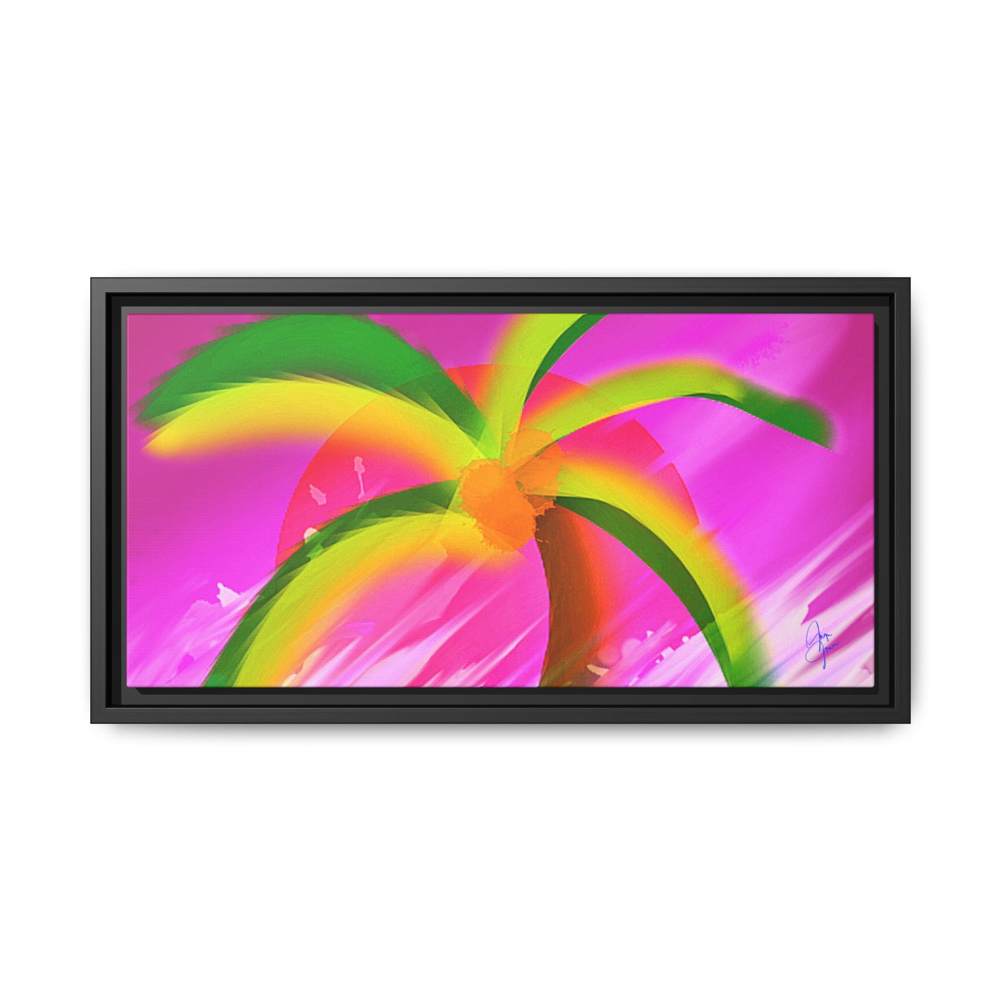 Framed Matte Canvas Print — Neon Palm Beach Art