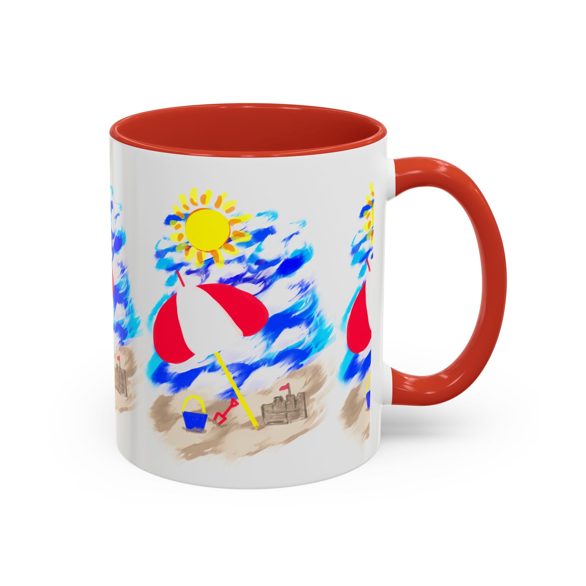 Beach Scene Coffee Mug – Summer Umbrella, Sun & Sandcastle Accent Mug