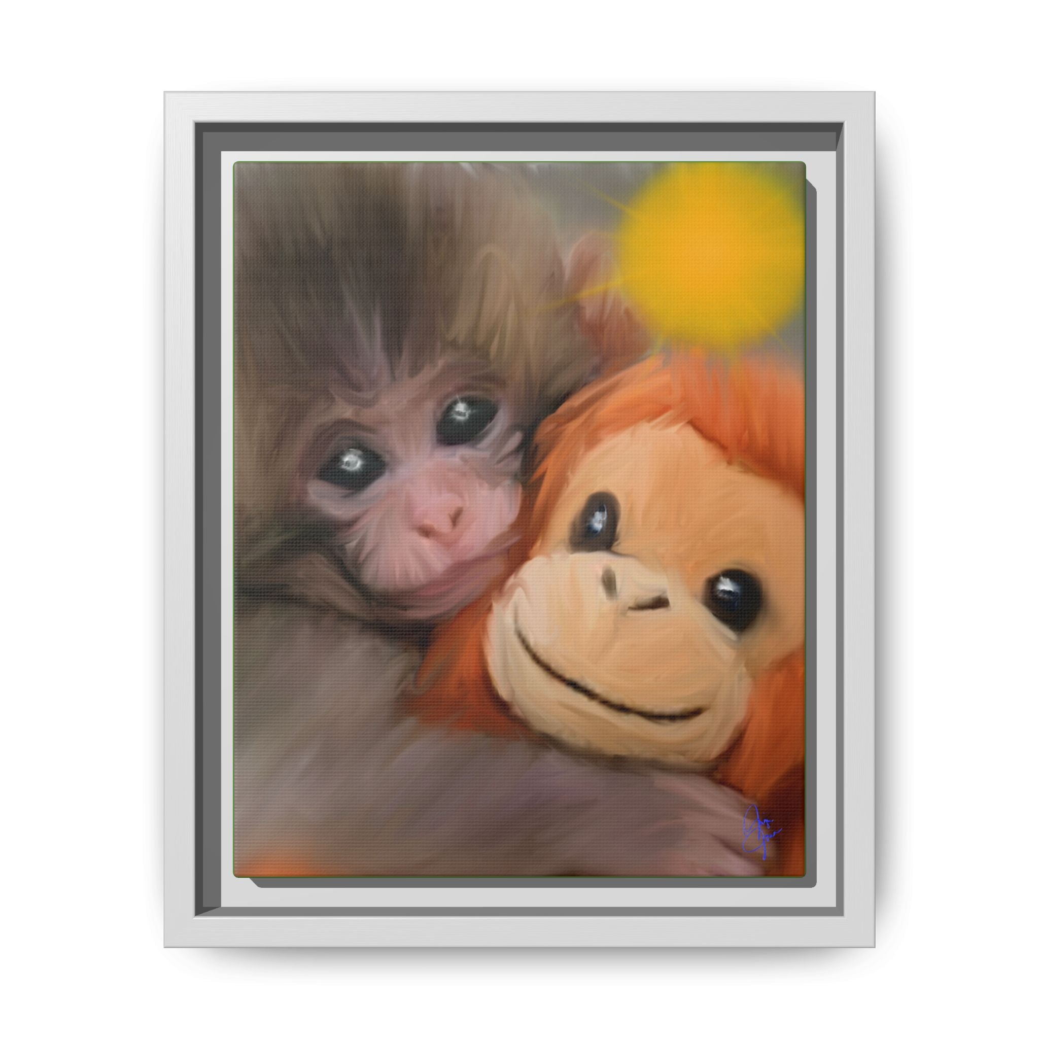 Framed Matte Canvas Print — Baby Monkey & Plush Orangutan Wall Art