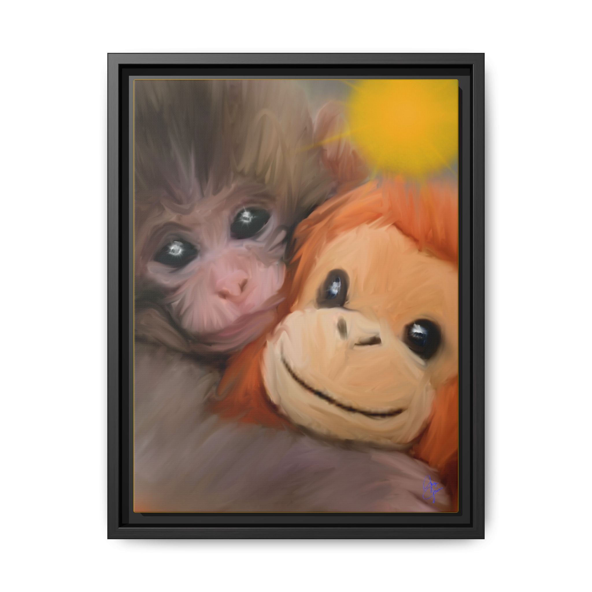 Framed Matte Canvas Print — Baby Monkey & Plush Orangutan Wall Art