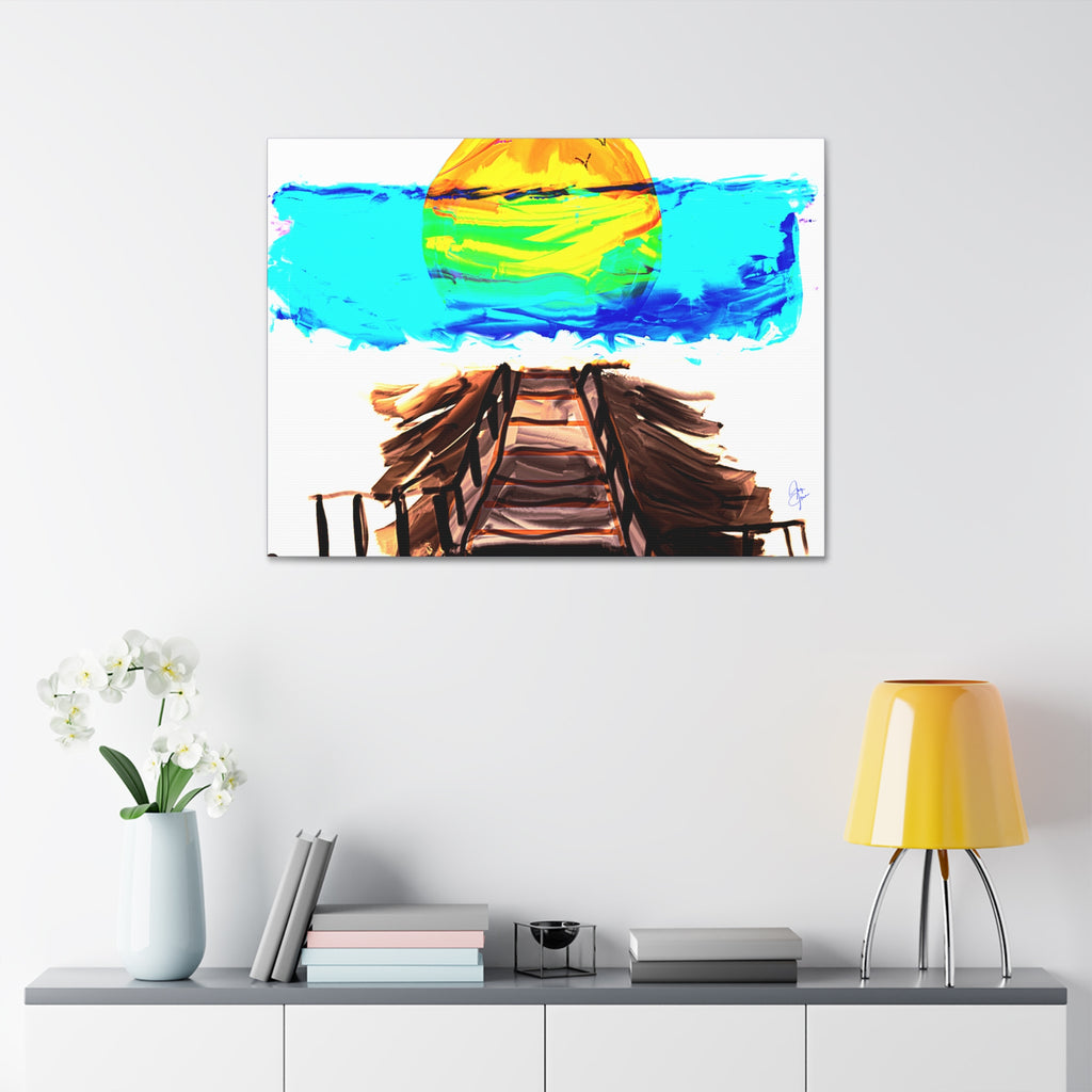 Beach Pier Sunrise Canvas Wall Art – Vibrant Tropical Seascape on Stretched Canvas