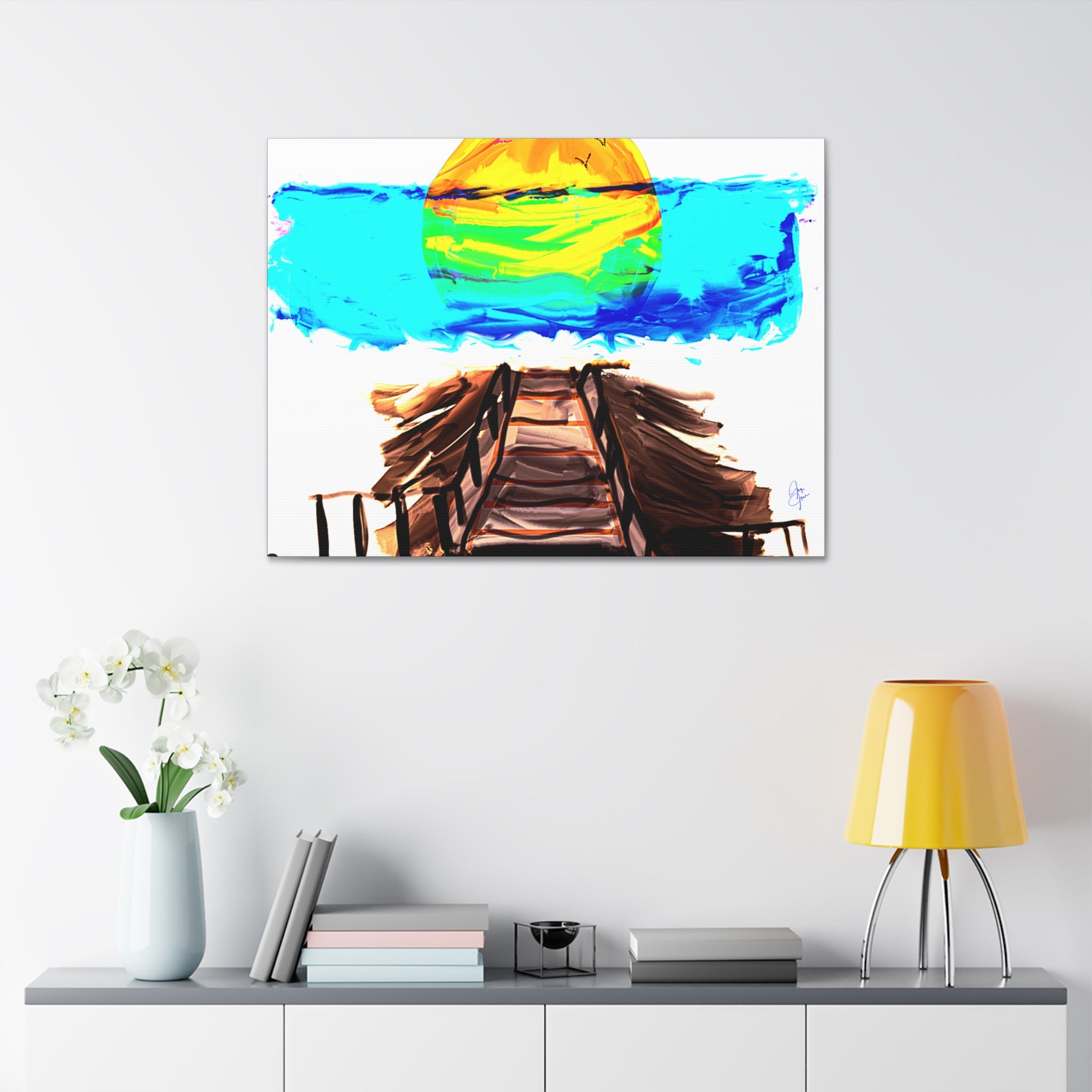 Beach Pier Sunrise Canvas Wall Art – Vibrant Tropical Seascape on Stretched Canvas