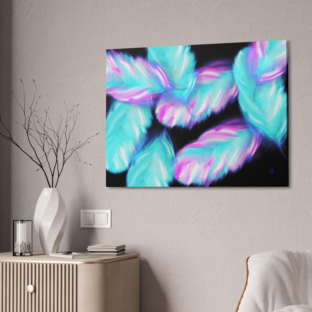 Abstract Neon Feathers Canvas Print — Turquoise & Pink Stretched Wall Art