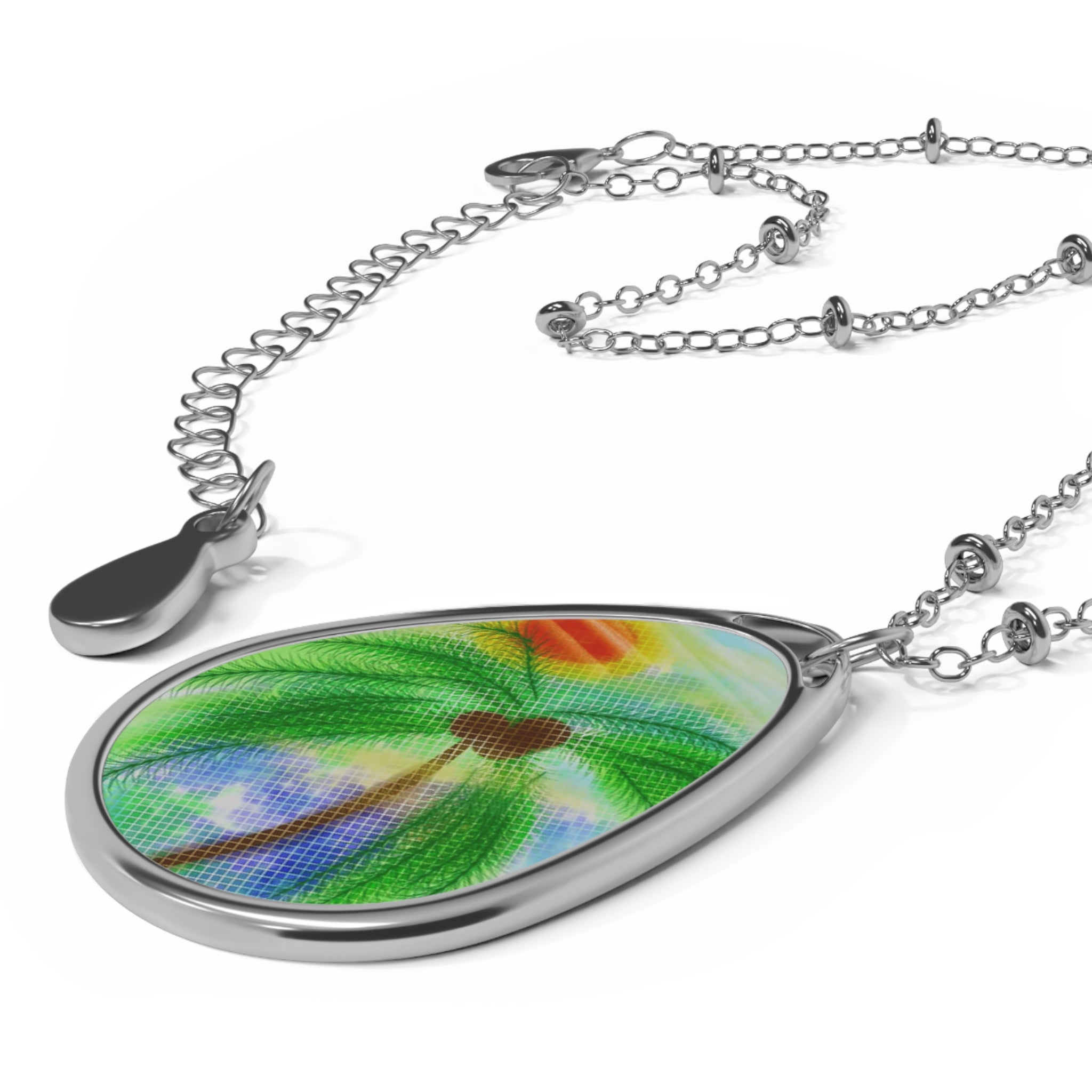 Oval Pendant Necklace — Tropical Palm Watercolor Teardrop Necklace
