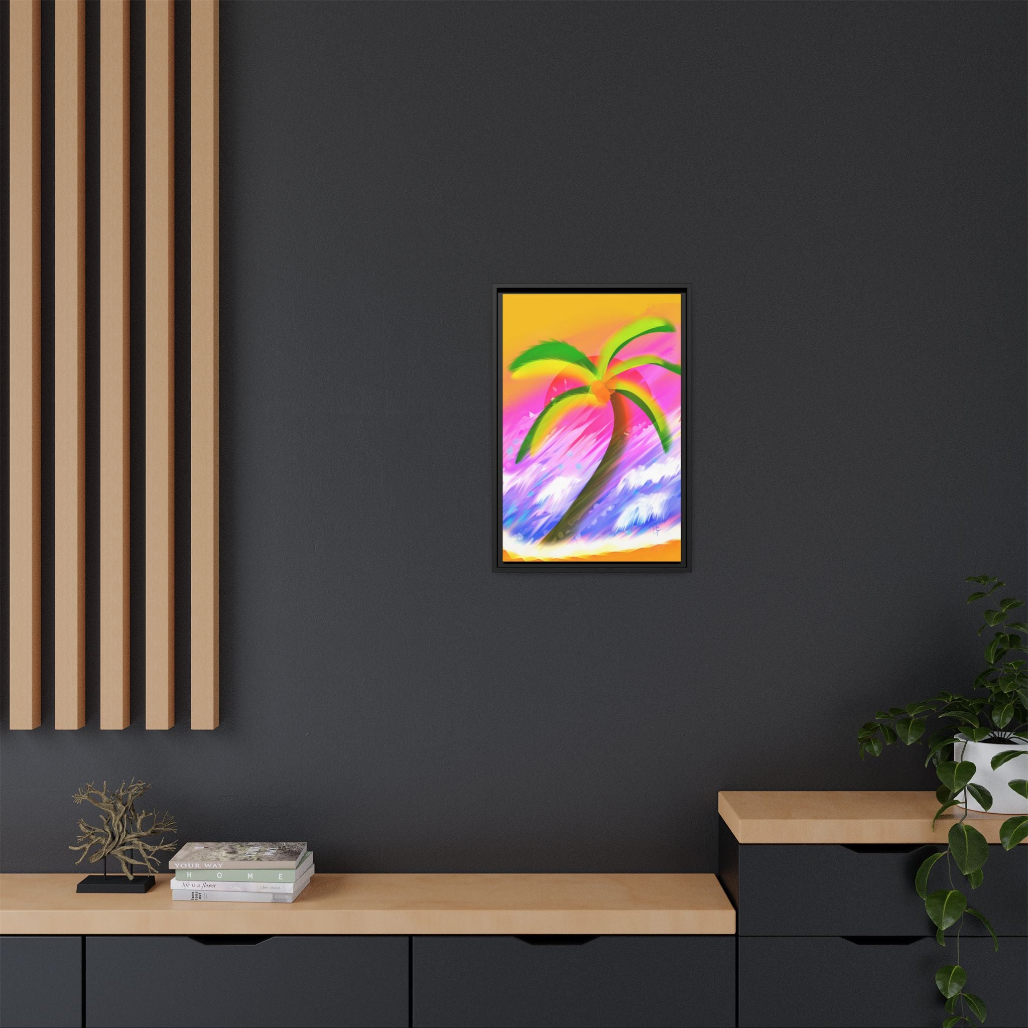 Framed Matte Canvas Print — Neon Palm Beach Art