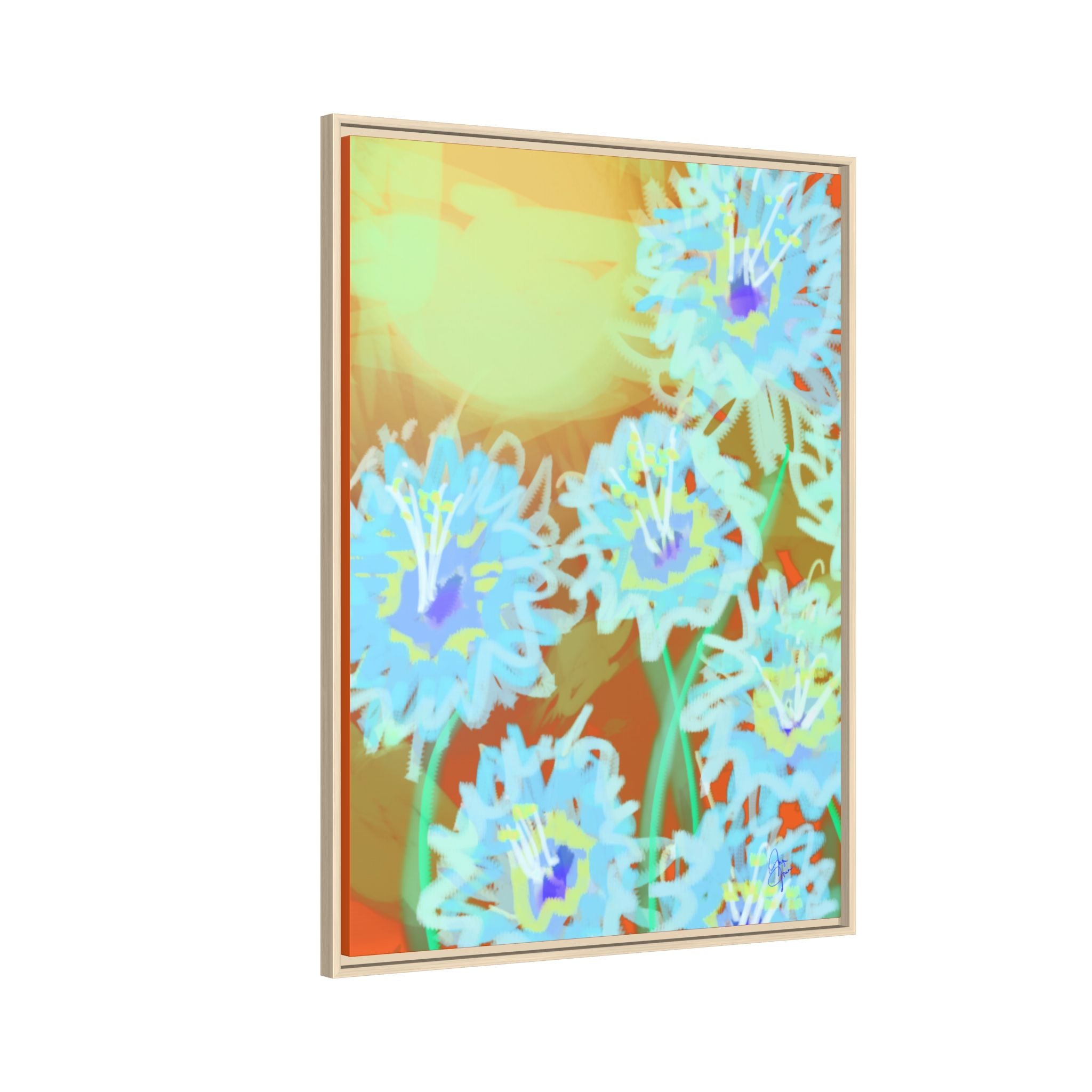 Framed Floral Canvas Art — Blue & Yellow Abstract Bouquet (Matte)