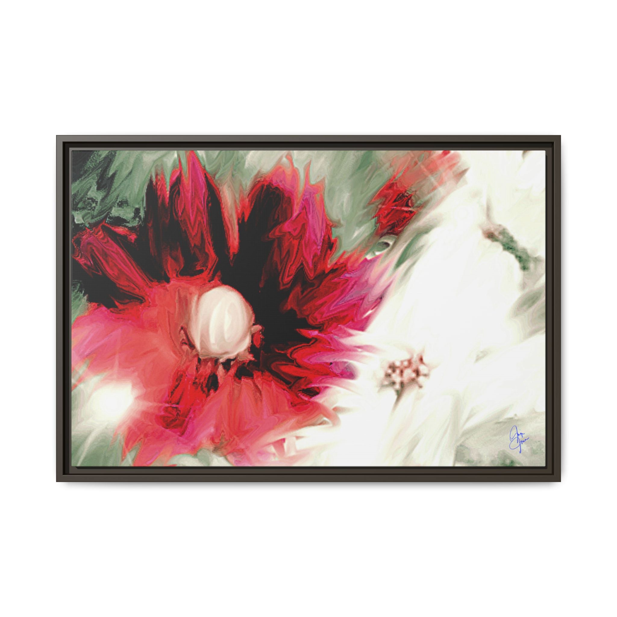 Framed Matte Canvas Print — Blurred Red & White Floral Art