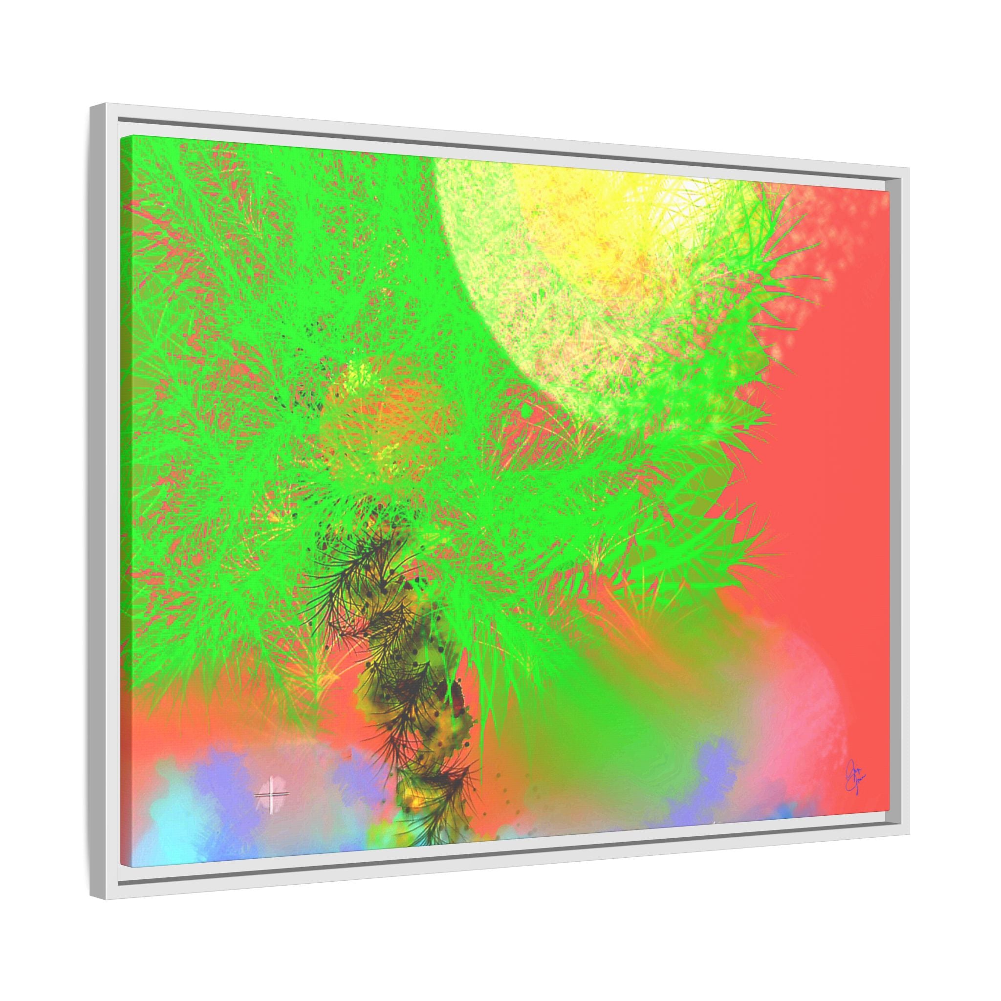 Abstract Neon Tree Matte Canvas Framed Art — Vibrant Green Moon Landscape