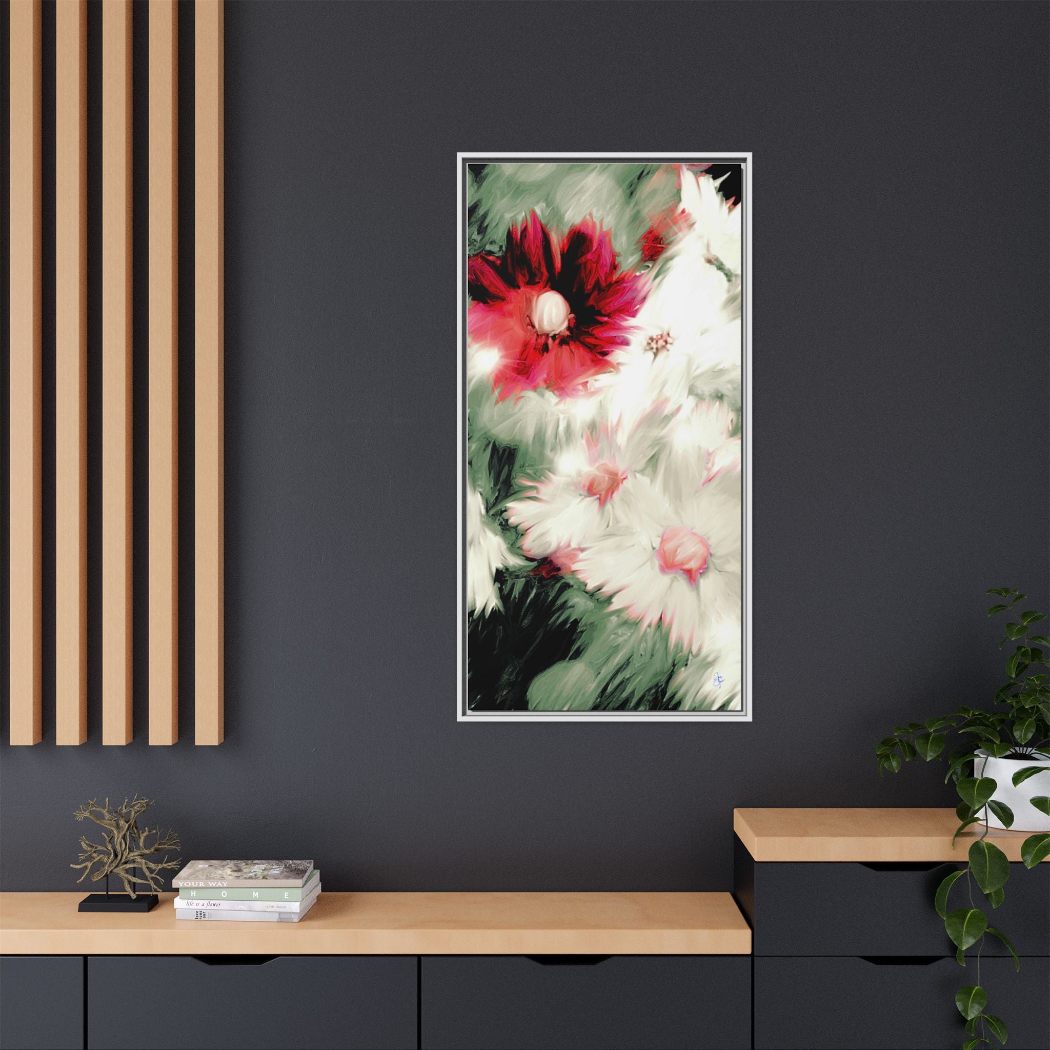 Framed Matte Canvas Print — Blurred Red & White Floral Art