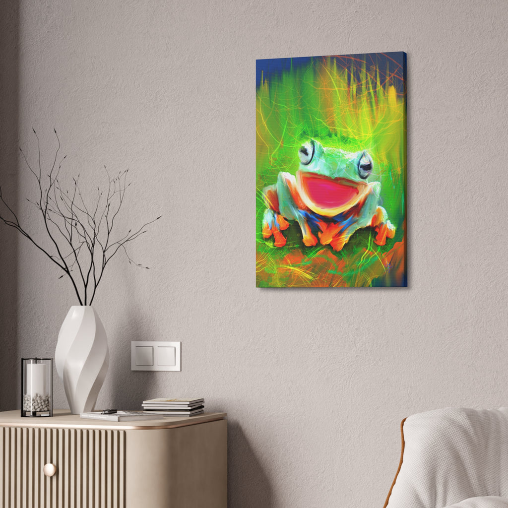 Vibrant Smiling Frog Canvas Print — Colorful Tropical Wall Art