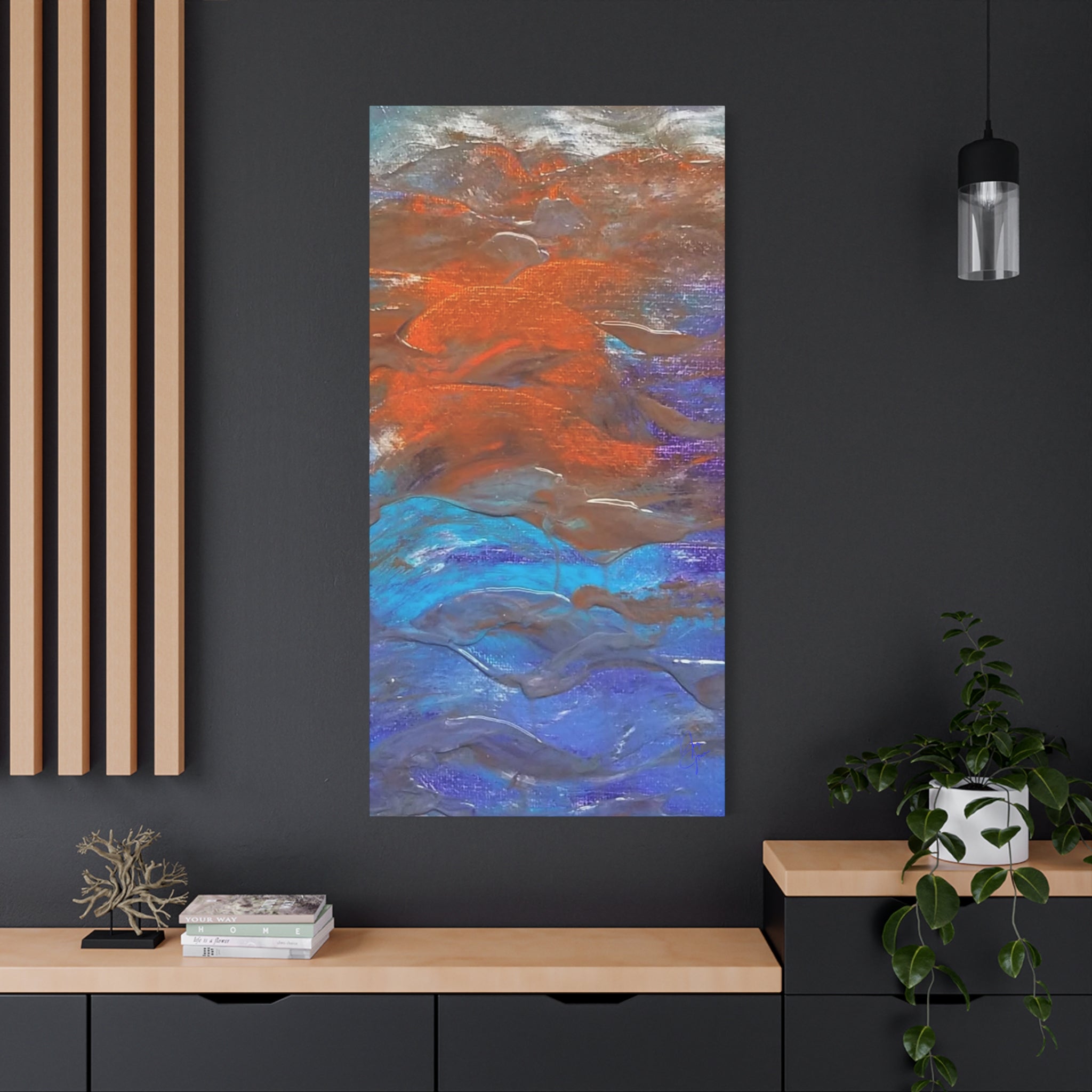 Abstract Ocean Waves Matte Canvas Art - Blue & Orange Textured Stretched Canvas