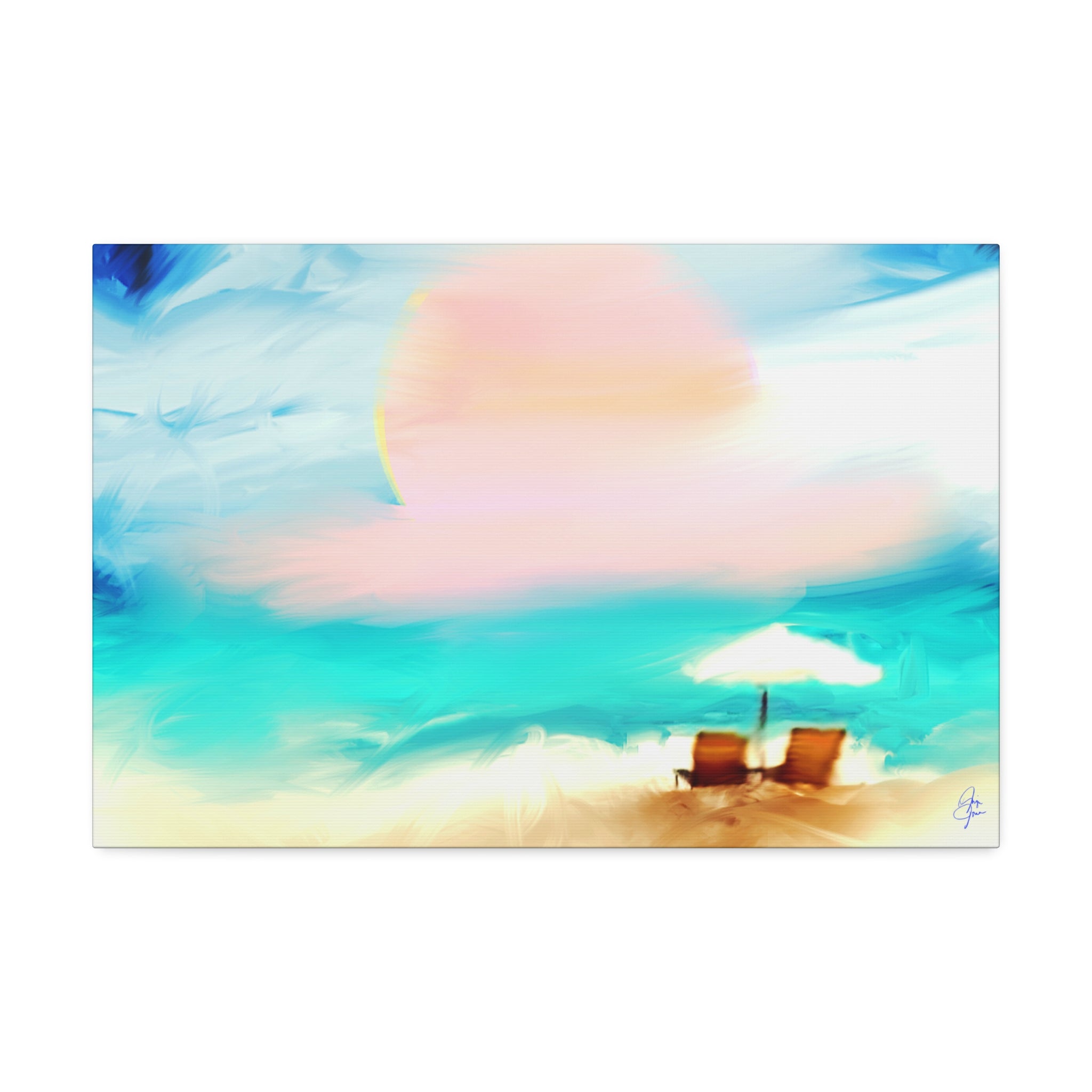 Beach Sunset Canvas Wall Art — Tropical Chairs & Umbrella Stretched Canvas