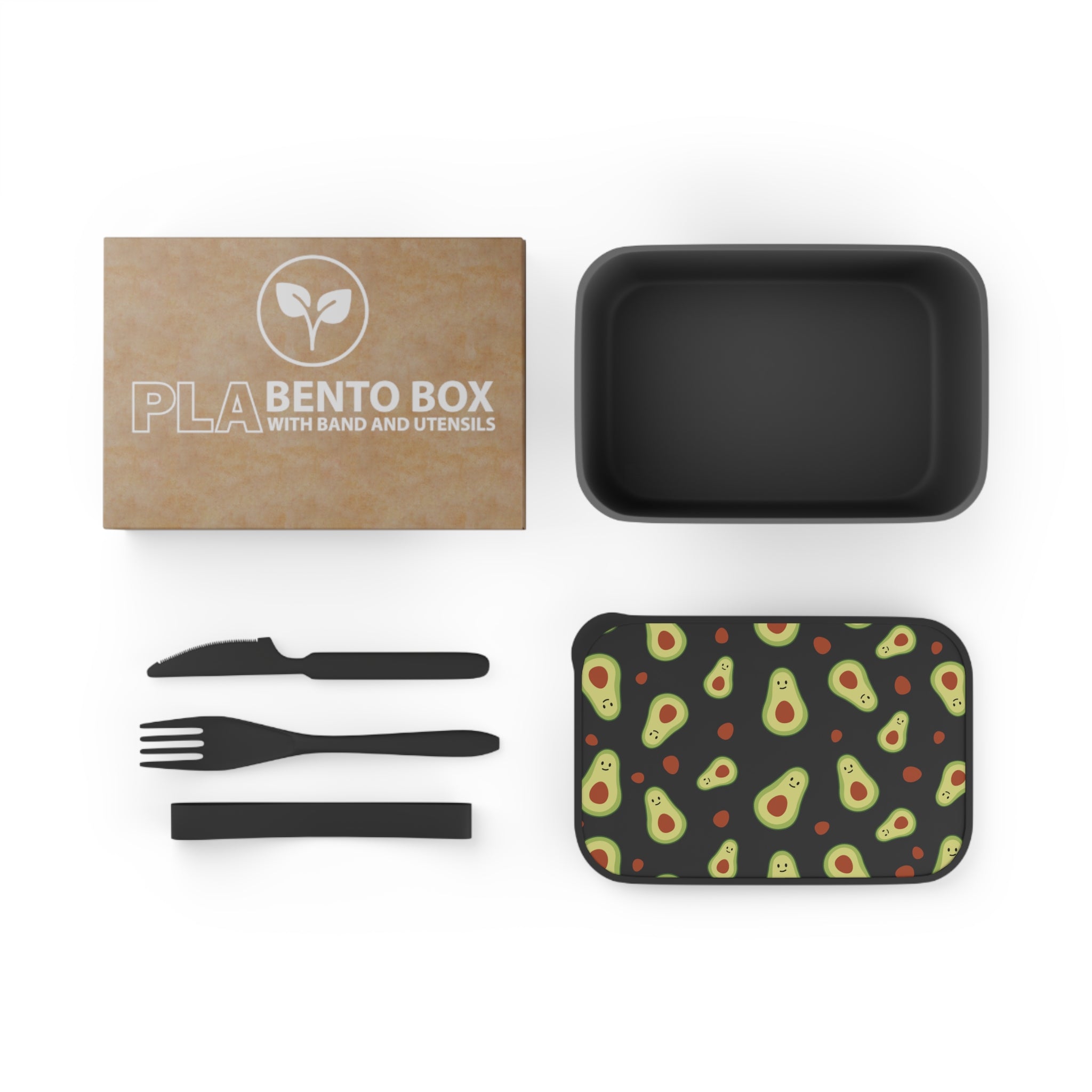 Avocado Pattern PLA Bento Box with Band & Utensils — Eco-Friendly Lunch Container