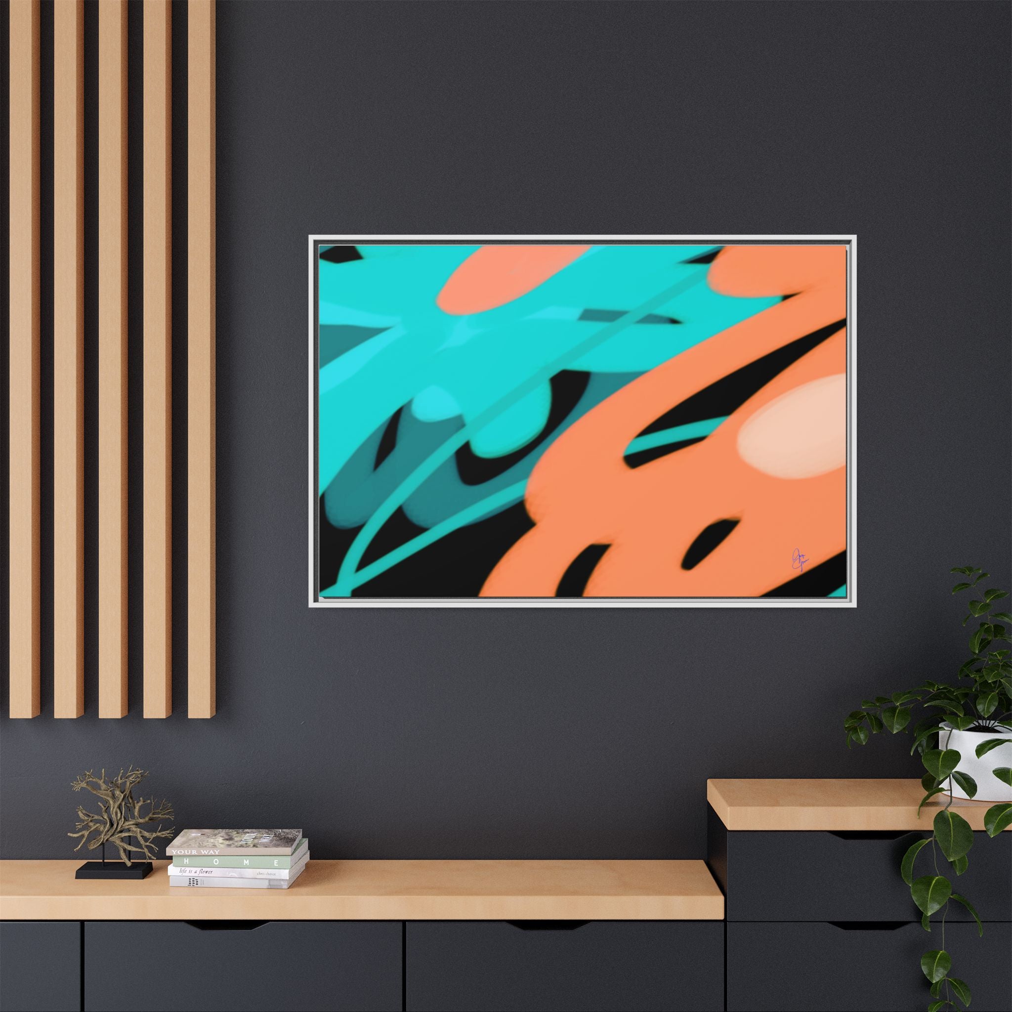 Abstract Teal & Coral Splash Framed Canvas