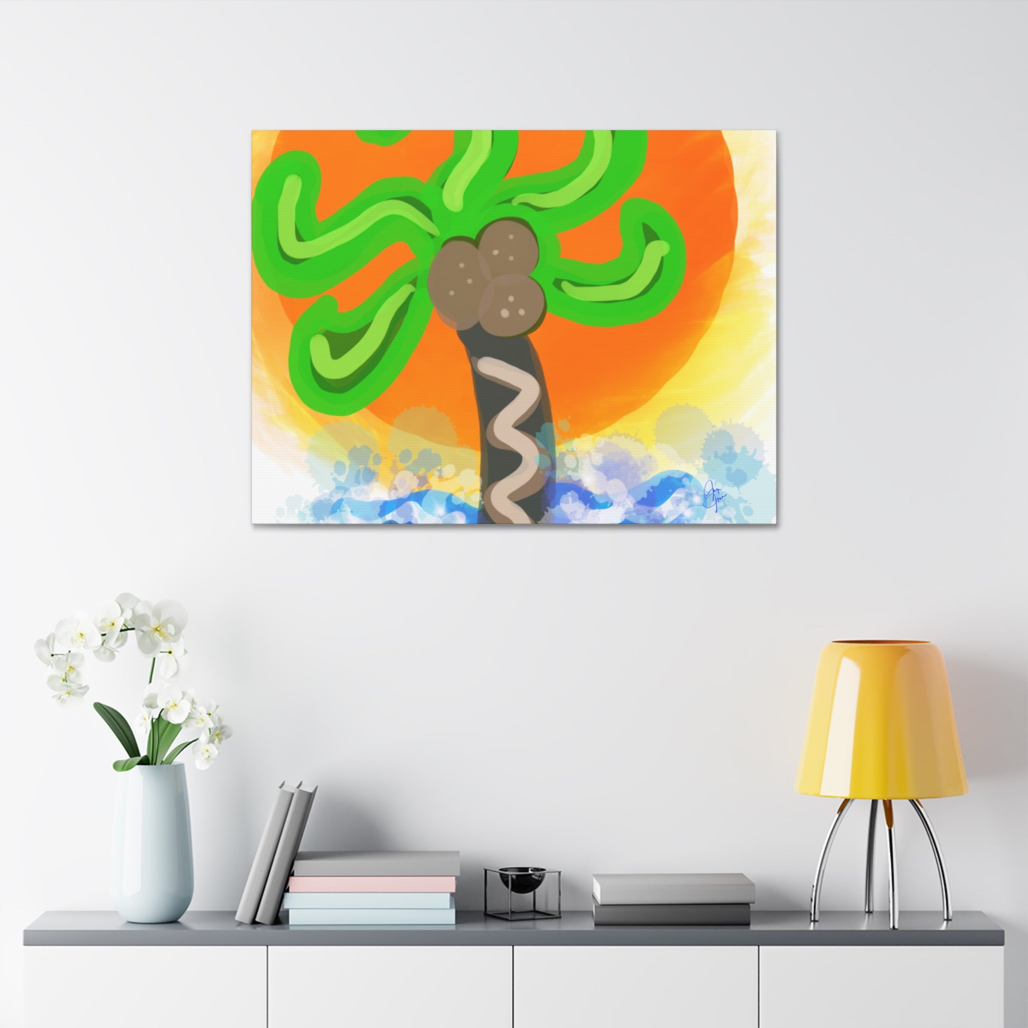 Palm Tree Sunset Canvas Print — Whimsical Tropical Wall Art