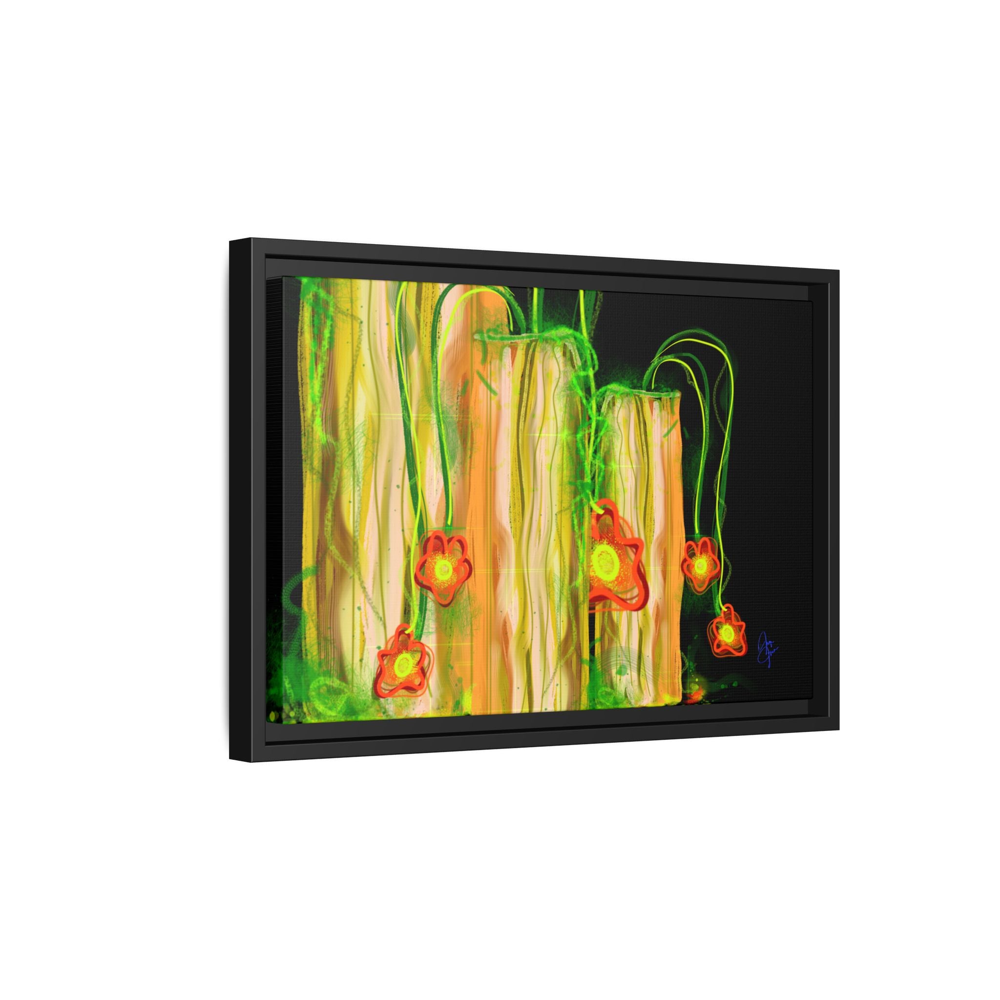Framed Matte Canvas Print — Neon Floral Candlelight Art