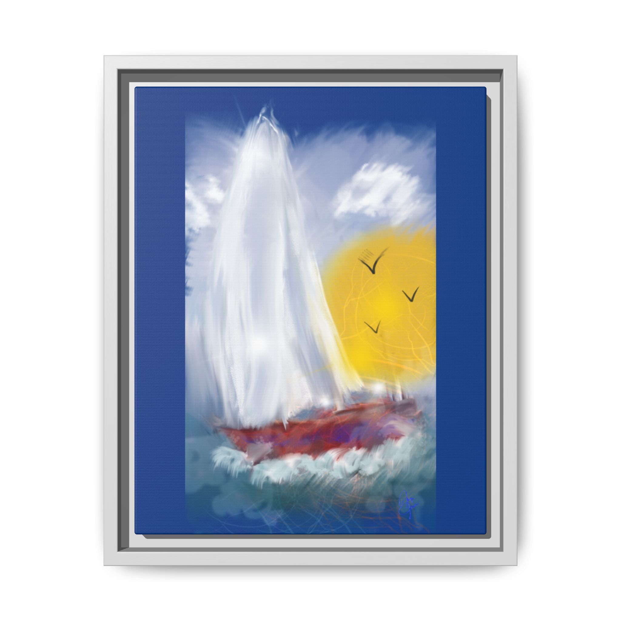 Sailboat Sunset Matte Framed Canvas Print — Coastal Seascape Wall Art