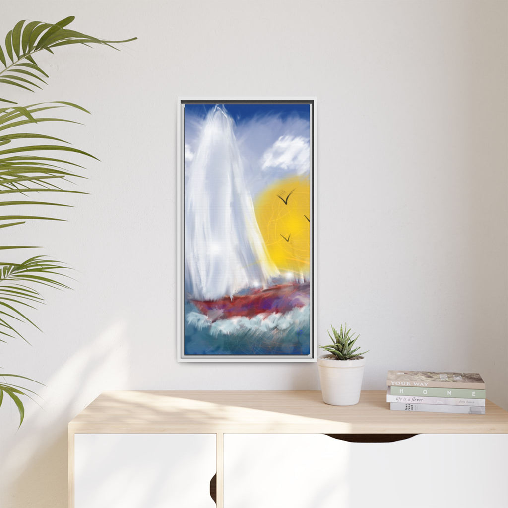 Sailboat Sunset Matte Framed Canvas Print — Coastal Seascape Wall Art