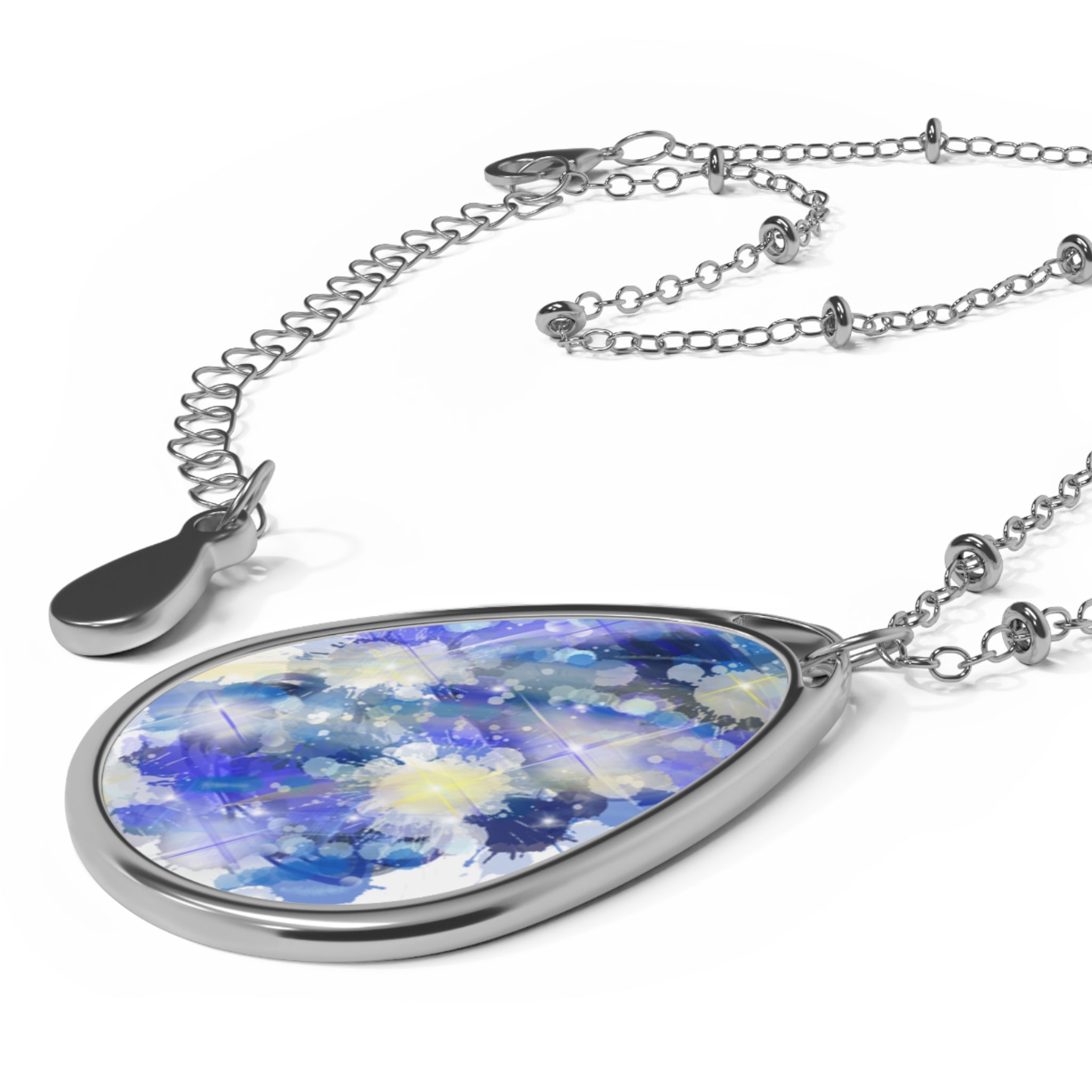 Silver Oval Pendant Necklace with Blue Floral Resin Inlay