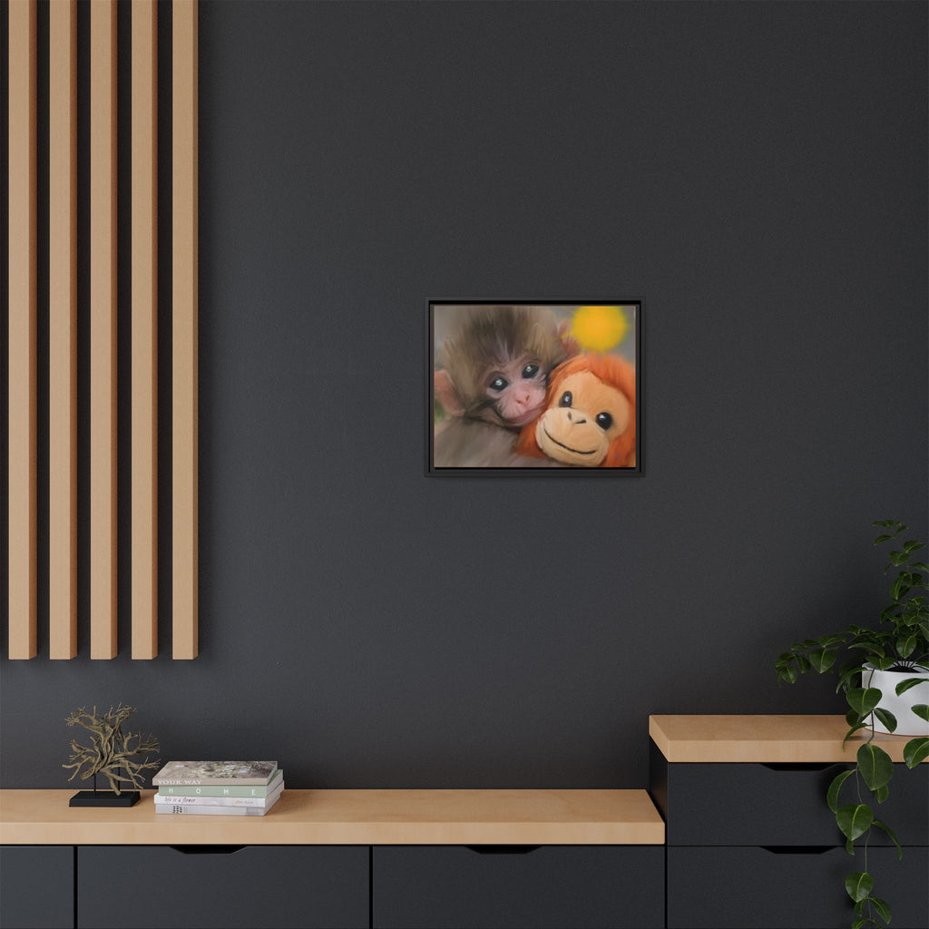 Framed Matte Canvas Print — Baby Monkey & Plush Orangutan Wall Art