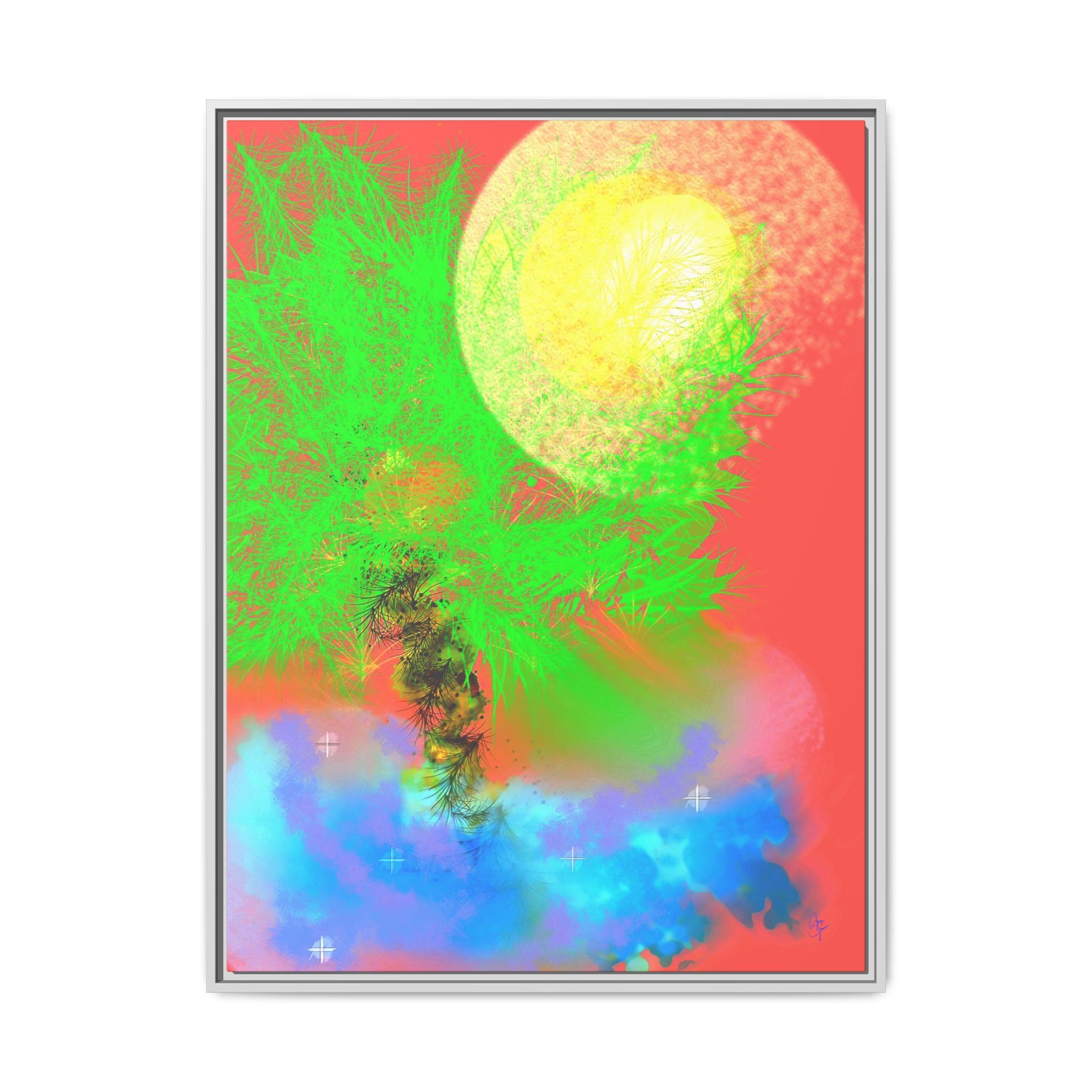 Abstract Neon Tree Matte Canvas Framed Art — Vibrant Green Moon Landscape