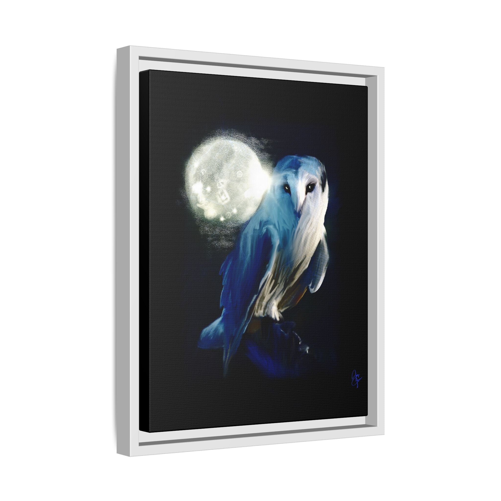 Moonlight Owl Matte Framed Canvas — Mystical Blue Owl Wall Art