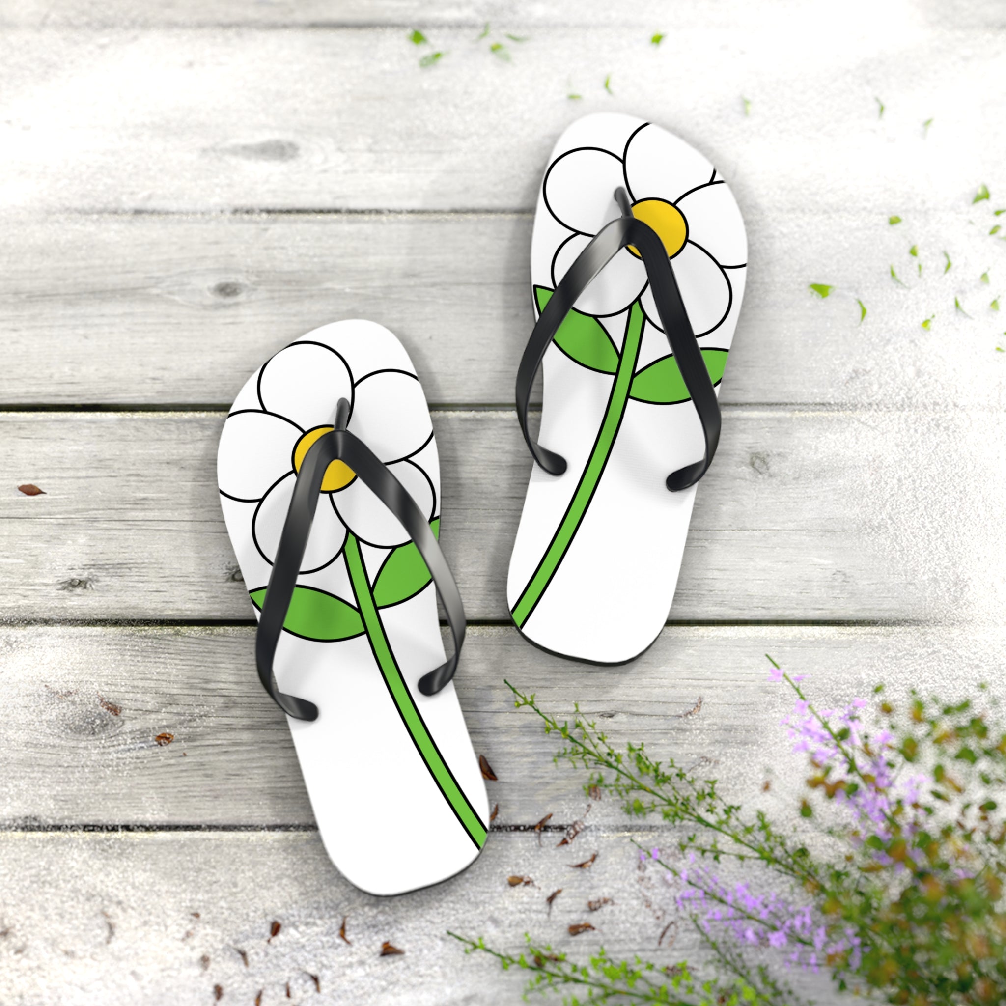 Daisy Print Flip Flops — Cute White & Yellow Flower Beach Sandals