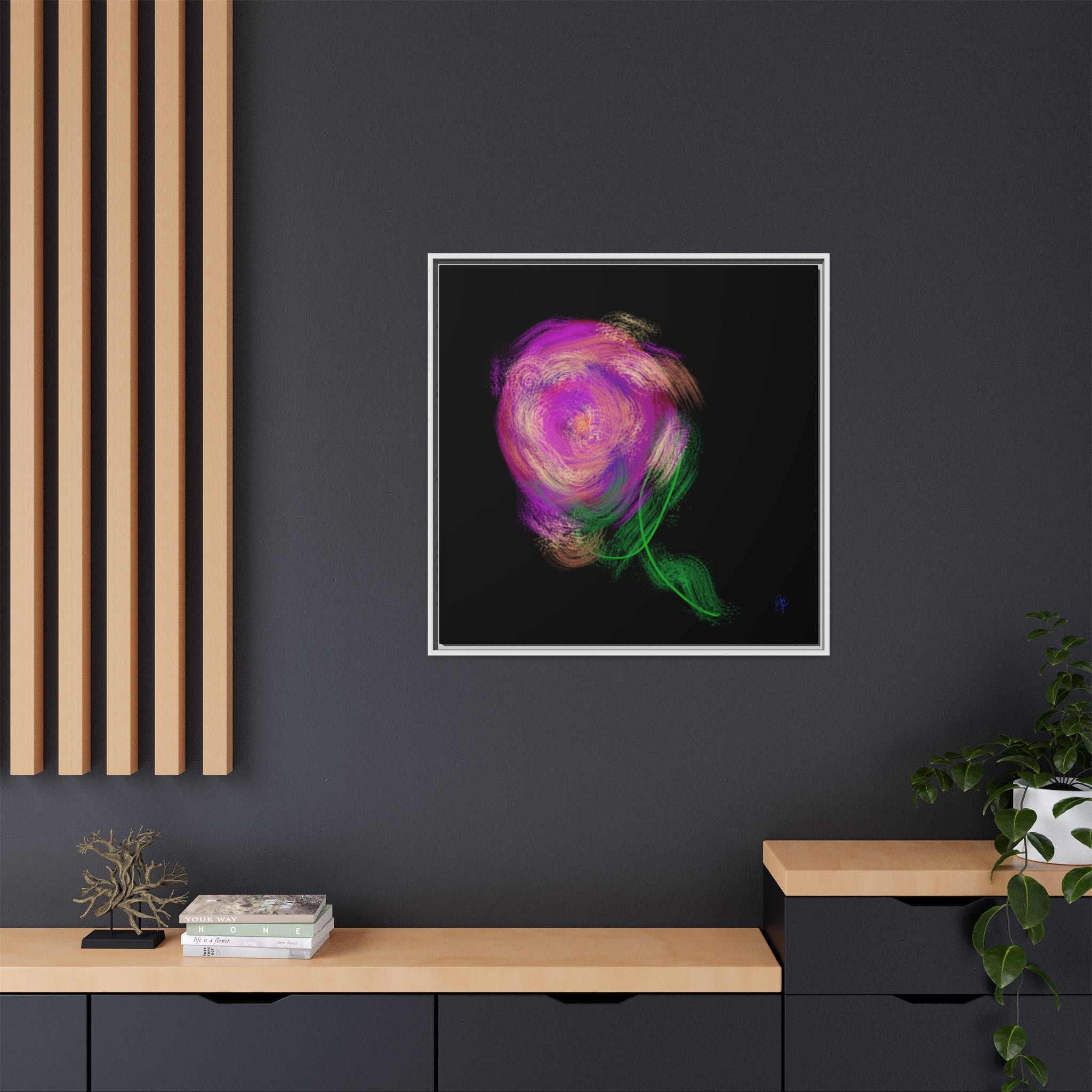 Abstract Rose Swirl Matte Framed Canvas — Multicolor Floral Wall Art