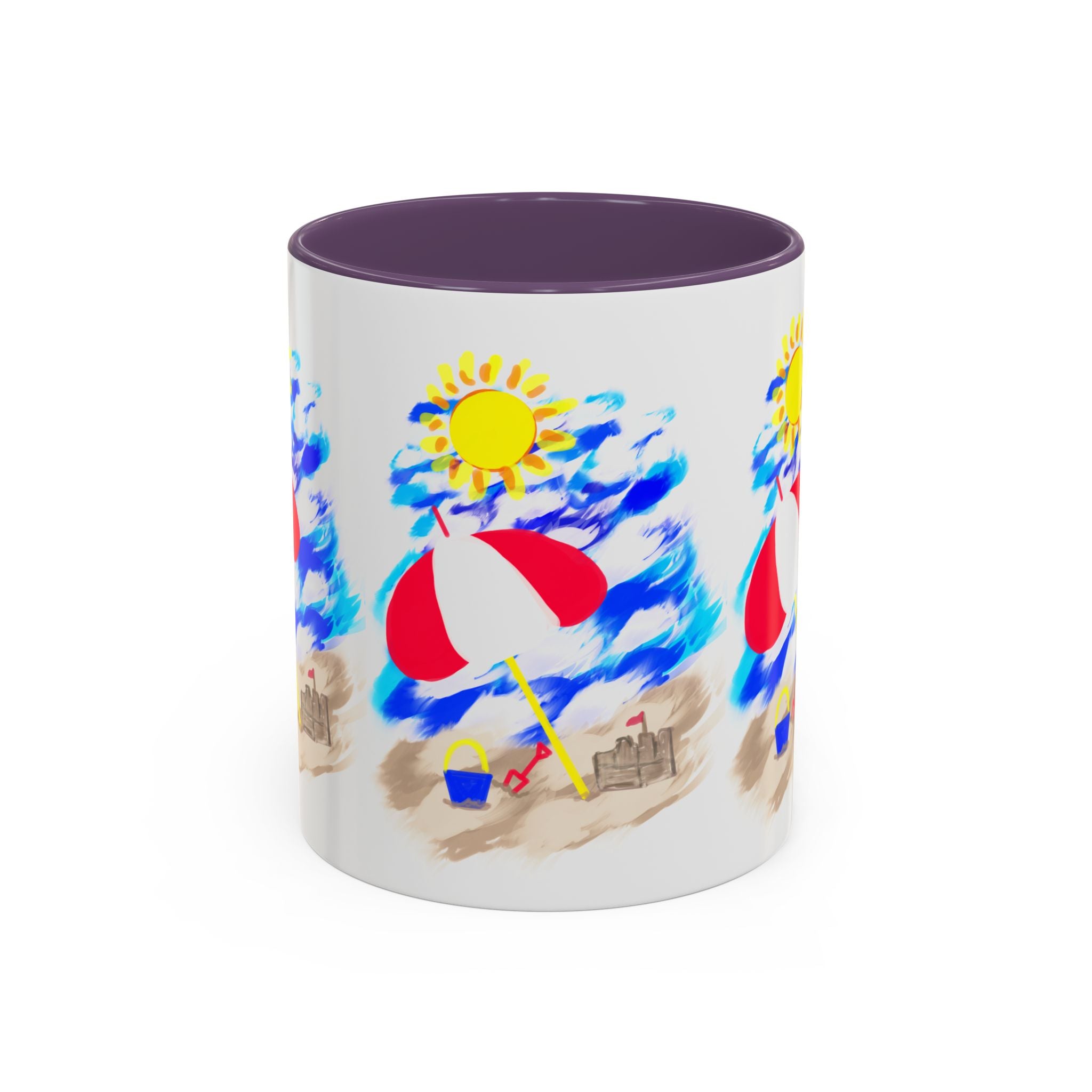 Beach Scene Coffee Mug – Summer Umbrella, Sun & Sandcastle Accent Mug