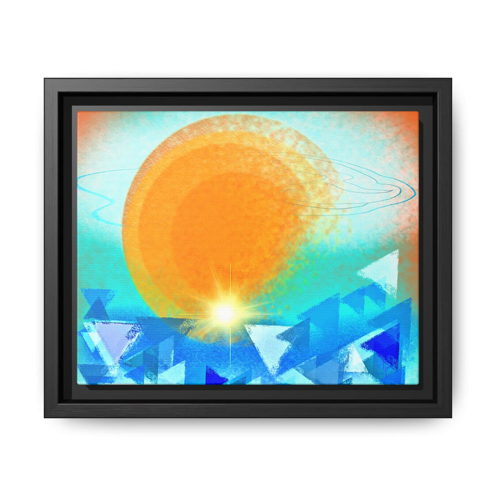 Abstract Sunrise Framed Canvas Art – Orange Sun Over Blue Geometric Waves