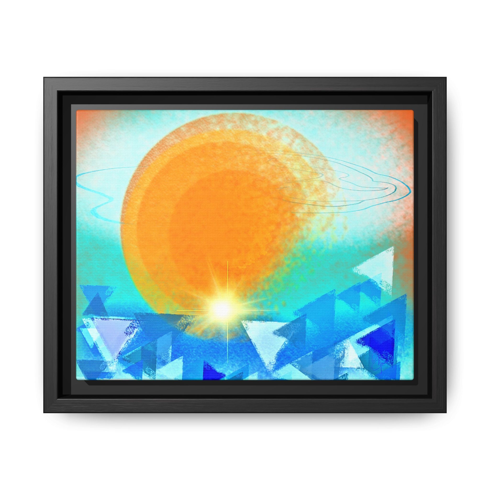 Abstract Sunrise Framed Canvas Art – Orange Sun Over Blue Geometric Waves