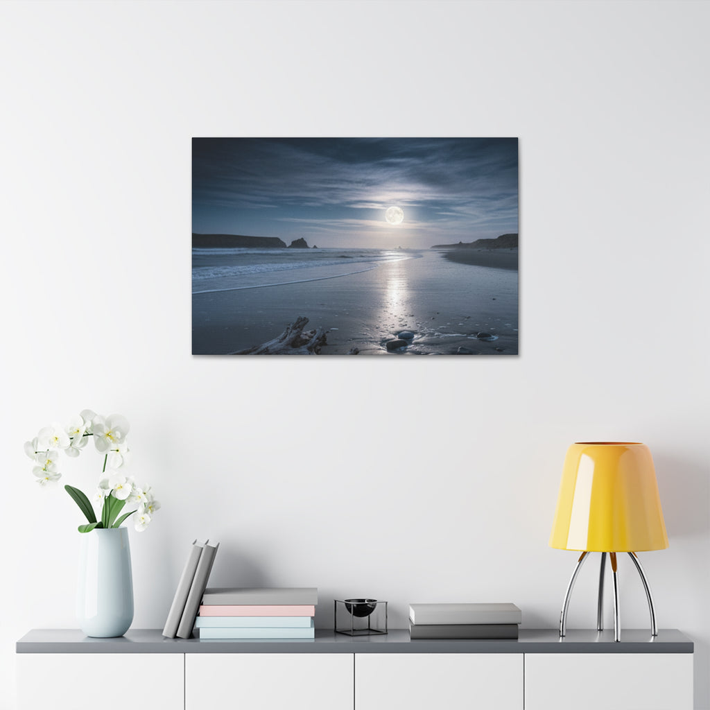 Moonlit Beach Canvas Wall Art — Tranquil Ocean Nightscape