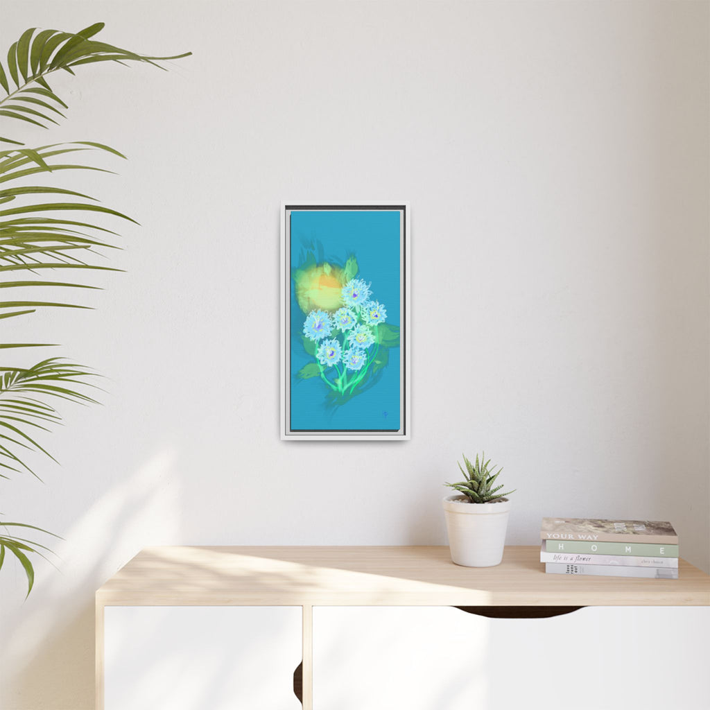 Framed Floral Canvas Art — Blue & Yellow Abstract Bouquet (Matte)