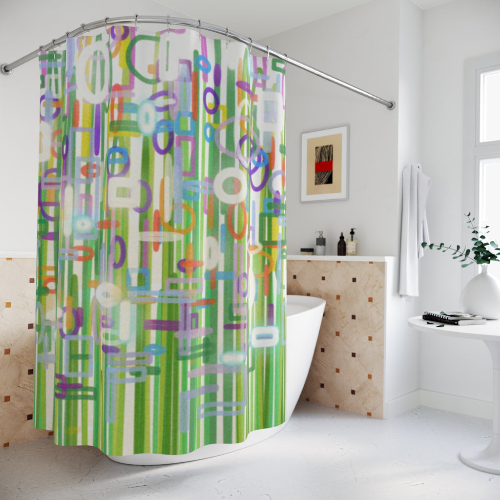 Abstract Green Geometric Shower Curtain — Colorful Mid-Century Modern Bath Decor