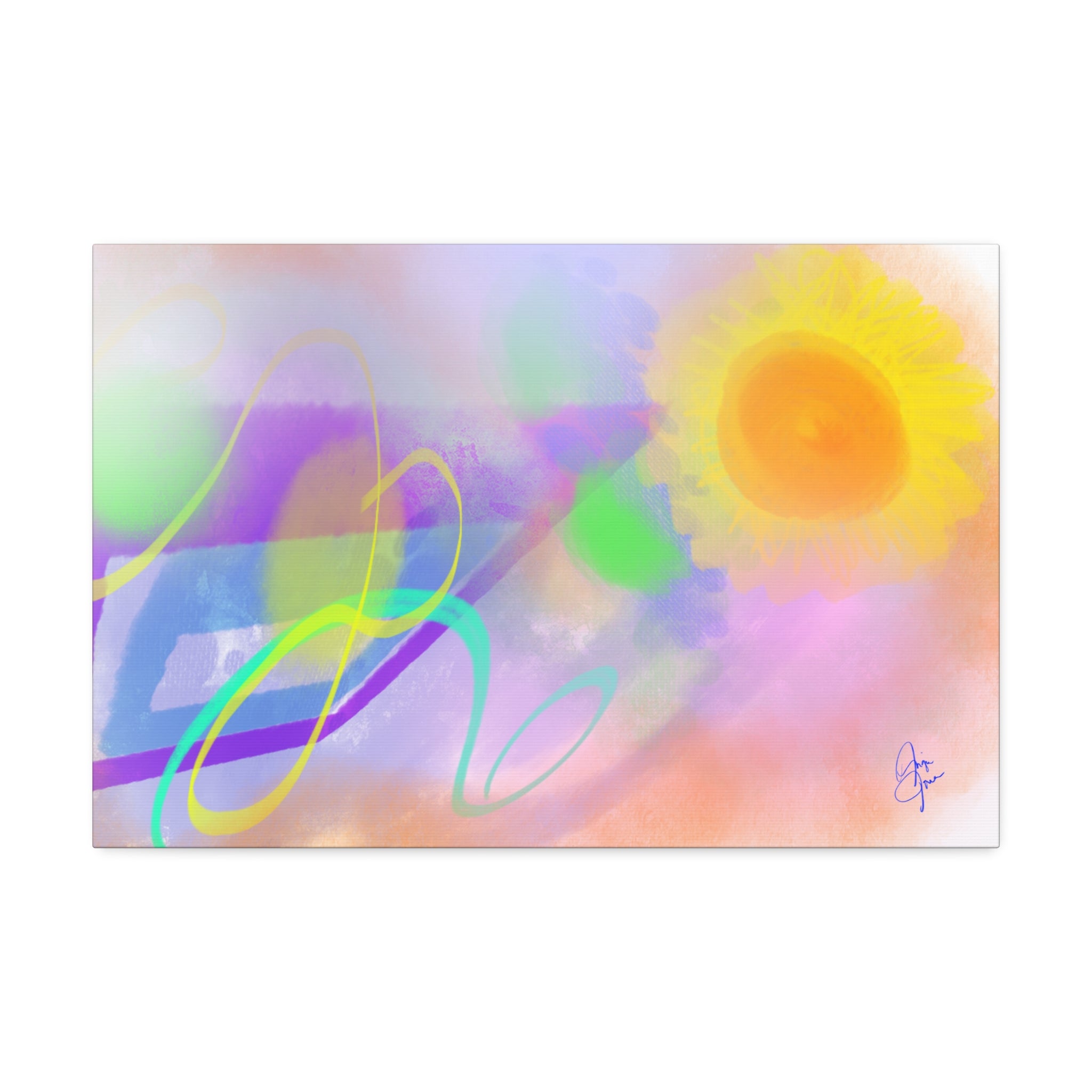 Abstract Sunrise Canvas Wall Art – Bright Pastel Sun & Swirls (1.5" Stretched)